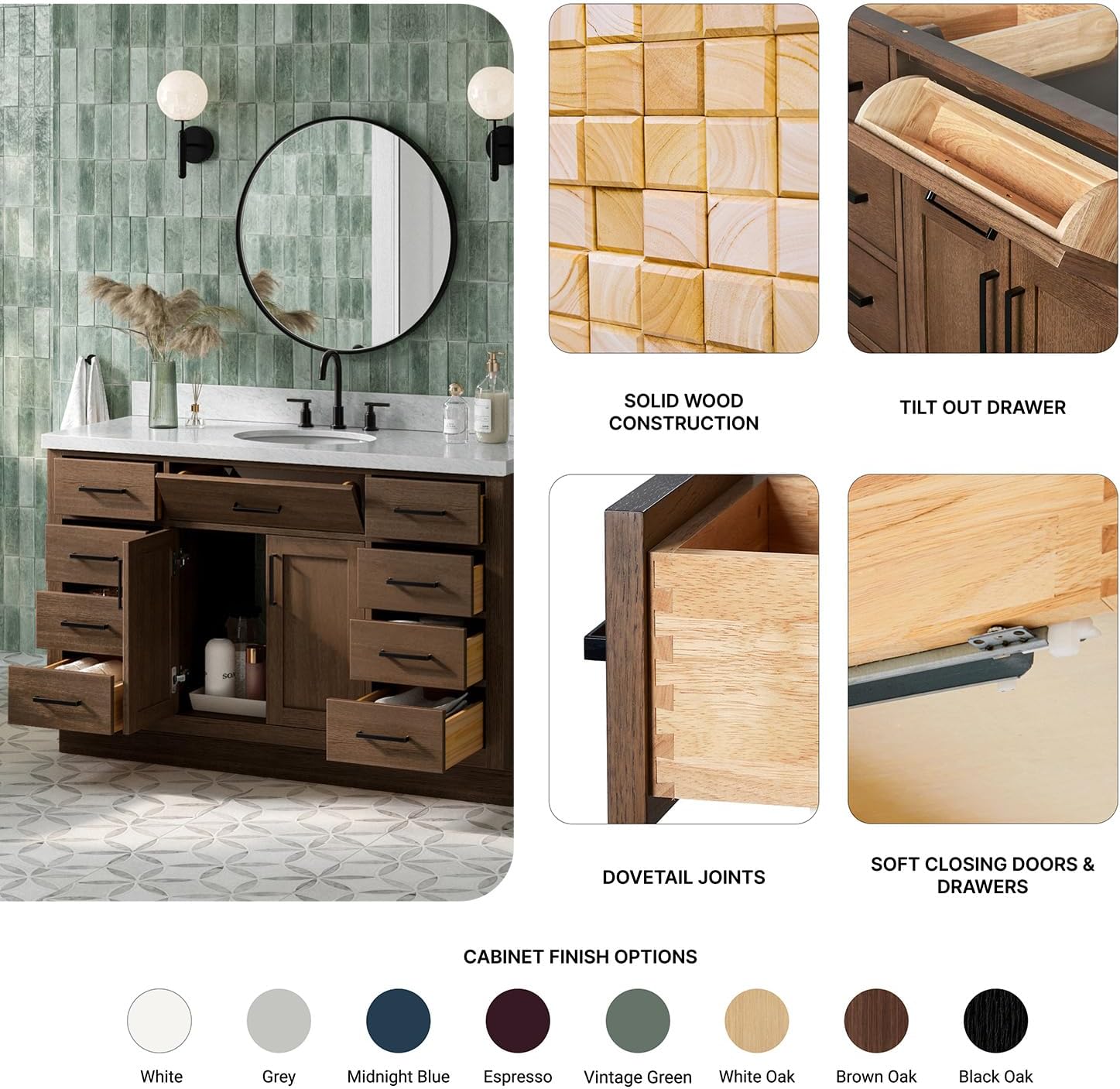 ARIEL Hepburn 54-inch Bathroom Vanity with Sink,Solid Wood, 1.5-inch Italian Carrara Marble Countertop & Backsplash, Single Oval Porcelain Sink, 2 Soft Closing Doors, 9 Dovetail Drawers, Brown Oak