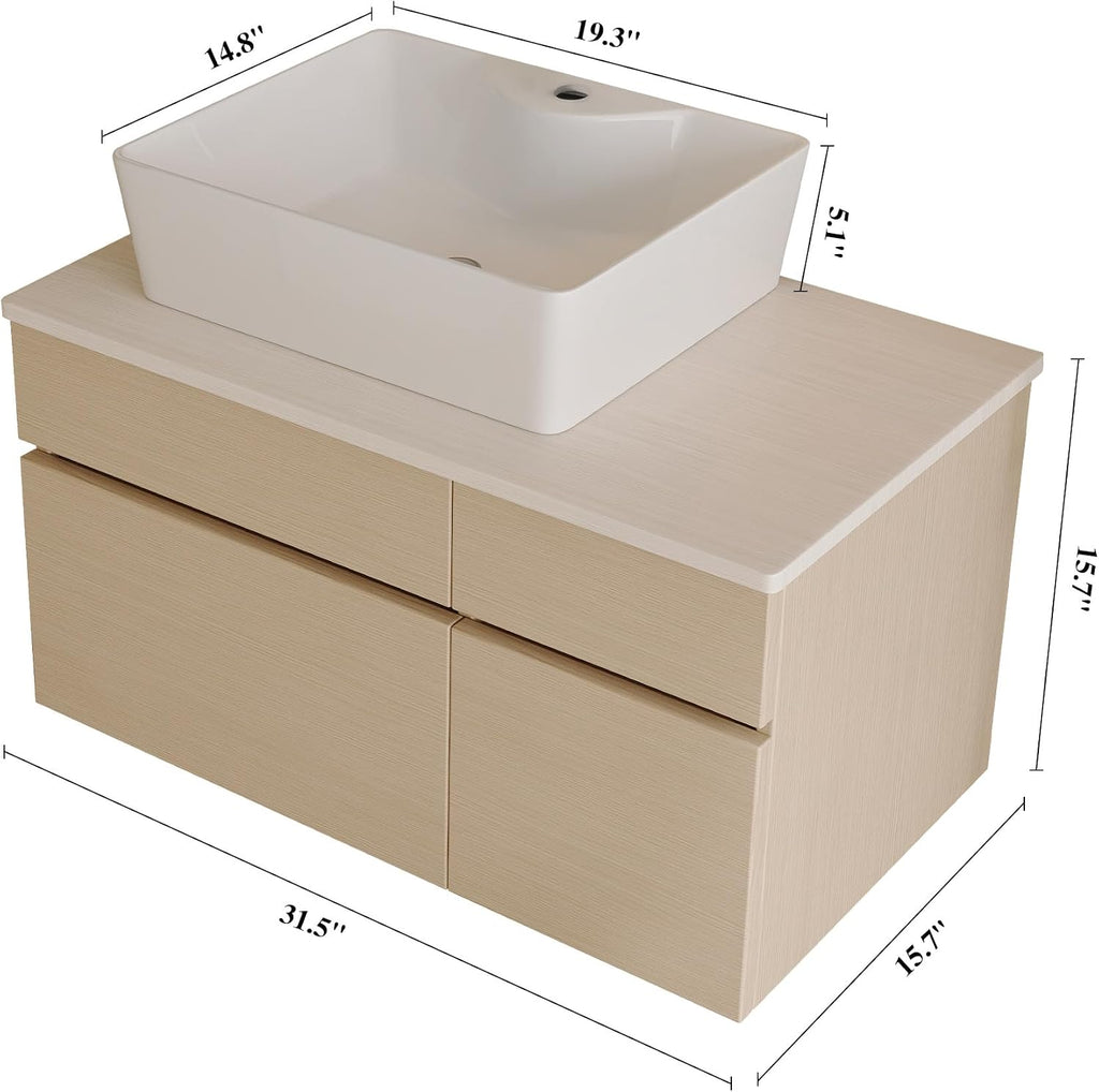 32' Floating Bathroom Vanity with Single Sink, Modern Wall Mounted Bathroom Vanities with Above Ceramic Basin, Wood Bathroom Vanity Cabinet with 1 Drawers and 2 Storage Cabinets, Natural