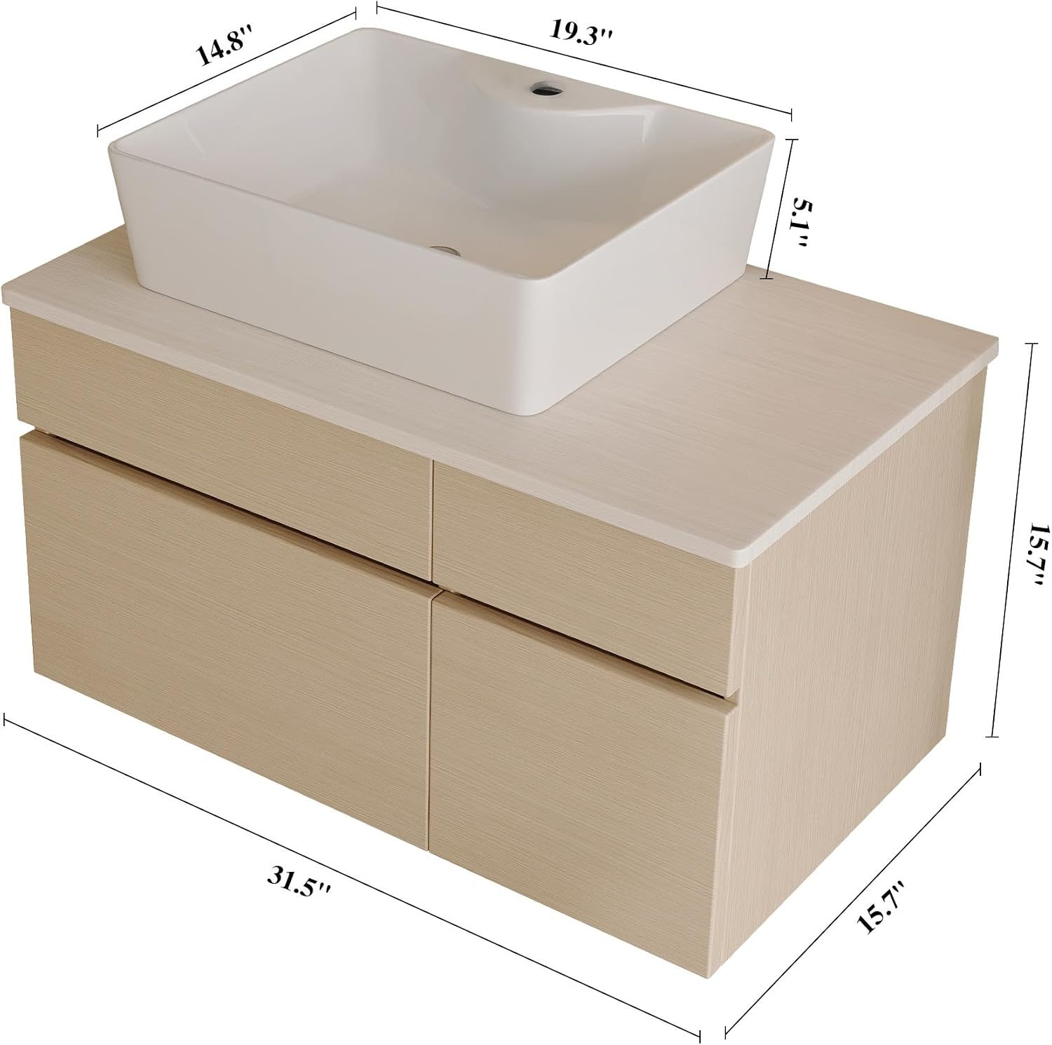 32' Floating Bathroom Vanity with Single Sink, Modern Wall Mounted Bathroom Vanities with Above Ceramic Basin, Wood Bathroom Vanity Cabinet with 1 Drawers and 2 Storage Cabinets, Natural