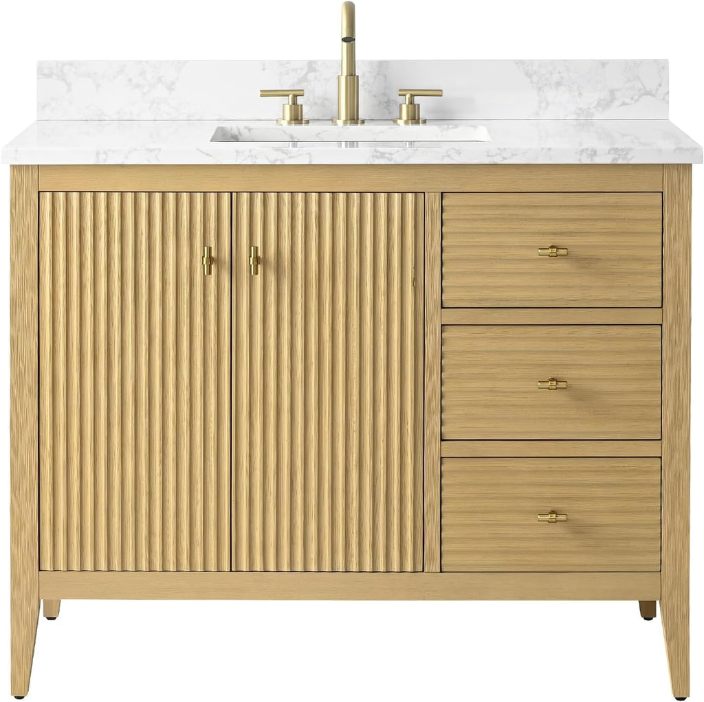 HOMEBEYOND 42' Bathroom Vanity with Sink, Solid Wood Bathroom Vanity Free-Standing Cabinet, Drawers, Ceramic Top & Soft Closing Door, Golden Brushed Handware, Natural Oak