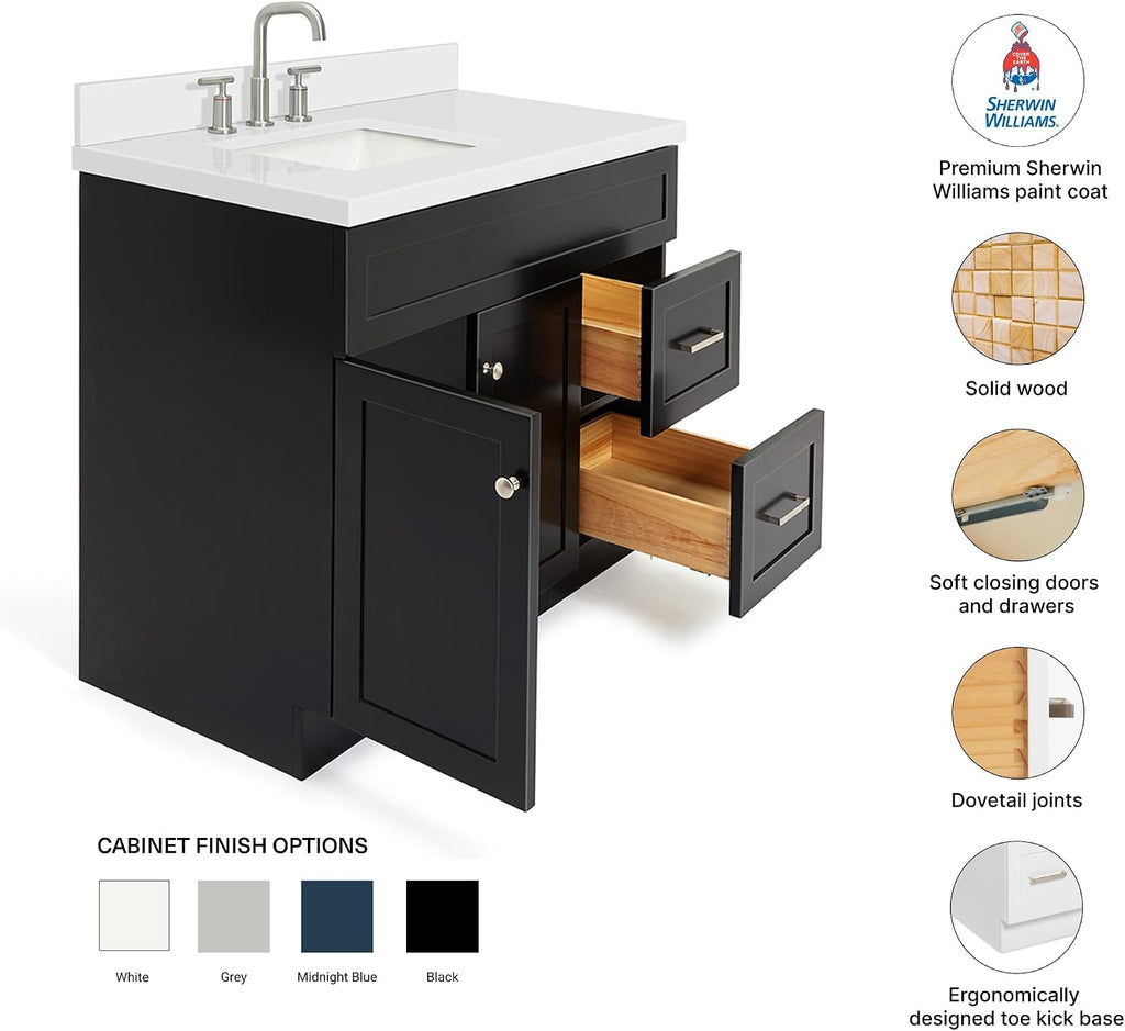 DKB Bradford 42' Black Single Bathroom Vanity with Rectangular Undermount Sink, 1.5' White Quartz Countertop, Solid Wood Frame, 2 Soft-Closing Doors, 2 Full Dovetail Drawers, Brushed Nickel