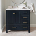 ARIEL Cambridge 36-inch Bathroom Vanity with Sink,Solid Wood, 1.5-inch Pure White Quartz Countertop, Single Rectangular Porcelain Sink, 2 Soft Closing Doors, 5 Dovetail Drawers, Midnight Blue