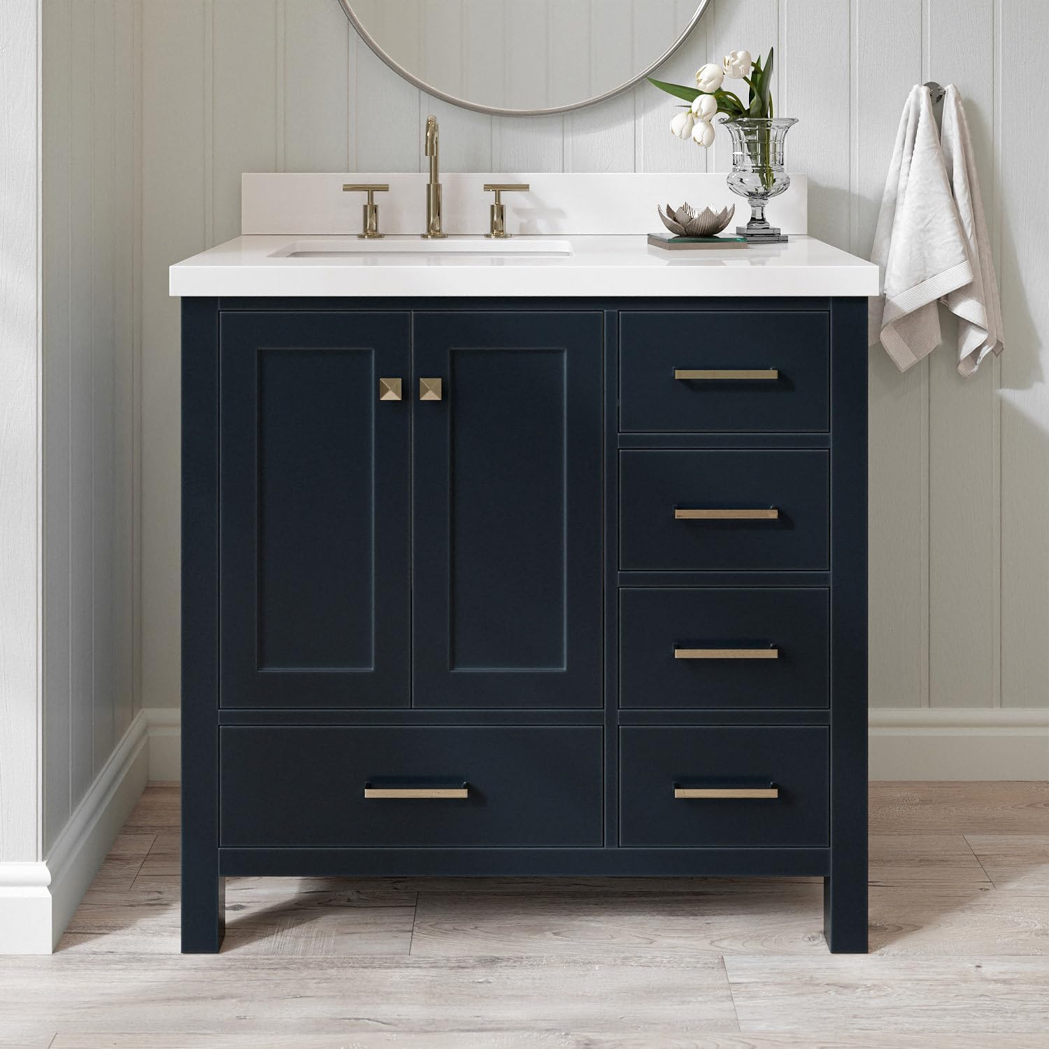 ARIEL Cambridge 36-inch Bathroom Vanity with Sink,Solid Wood, 1.5-inch Pure White Quartz Countertop, Single Rectangular Porcelain Sink, 2 Soft Closing Doors, 5 Dovetail Drawers, Midnight Blue