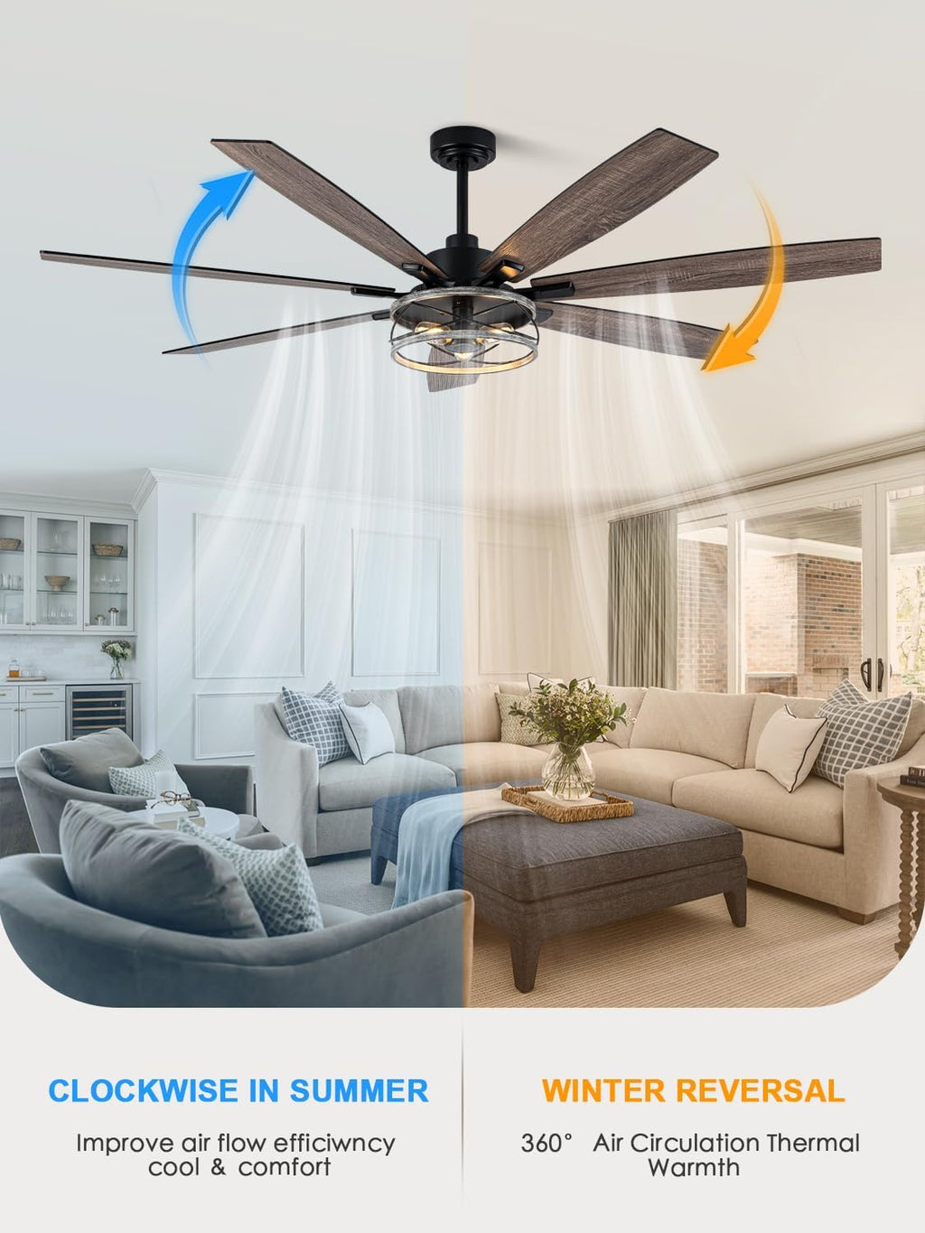 72' Ceiling Fan with Lights and Remote Control, Farmhouse Rustic Caged Ceiling Fan Light Fixture with Double Finish Wood Blades for Bedroom Living Room Kitchen