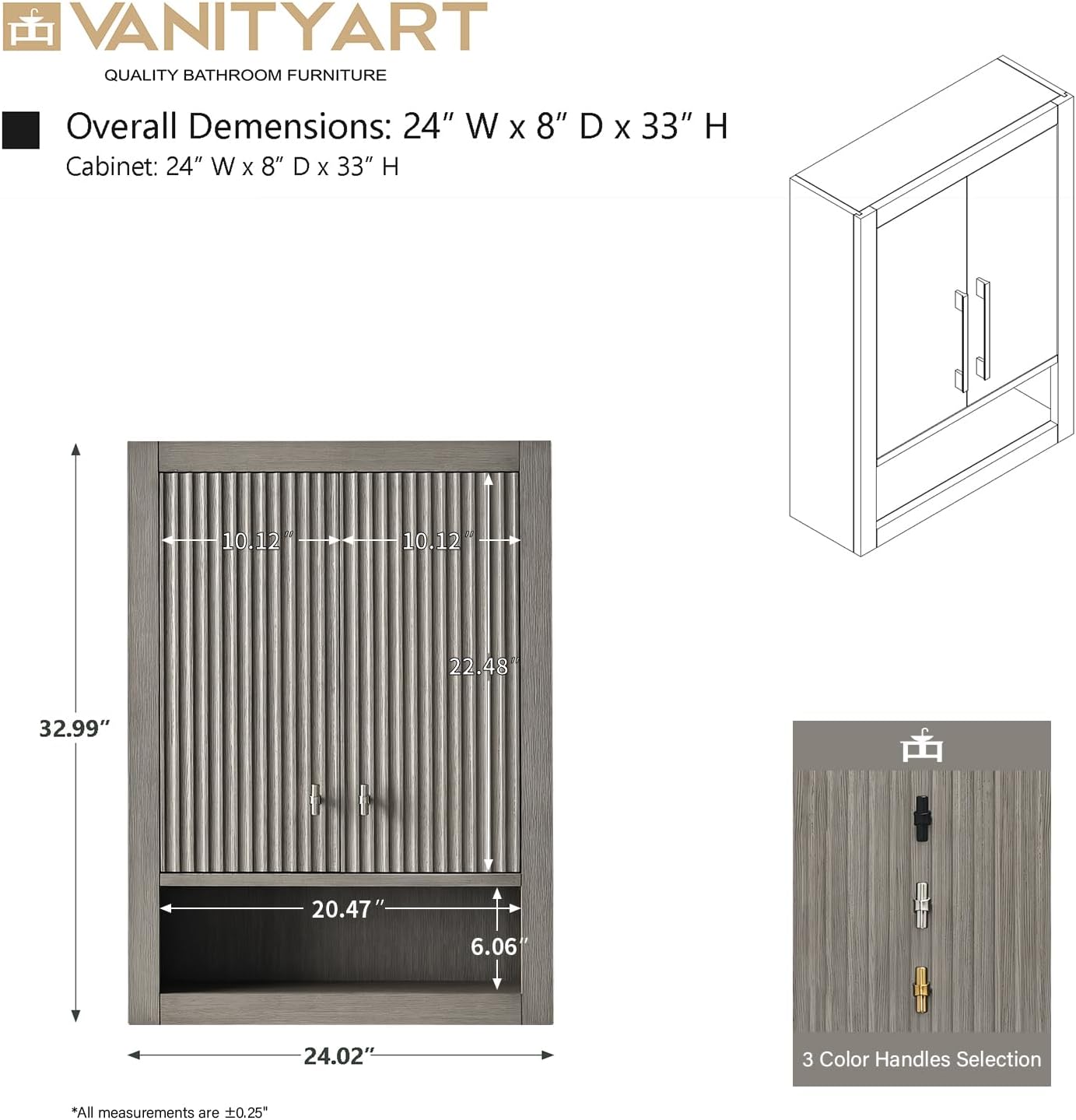 Vanity Art Vanity with Storage Cabinet & Shelves, Free-Standing Vanity with Soft-Closing Doors, Driftwood Gray, Golden Brushed Handware VA91-TC-DG-GB
