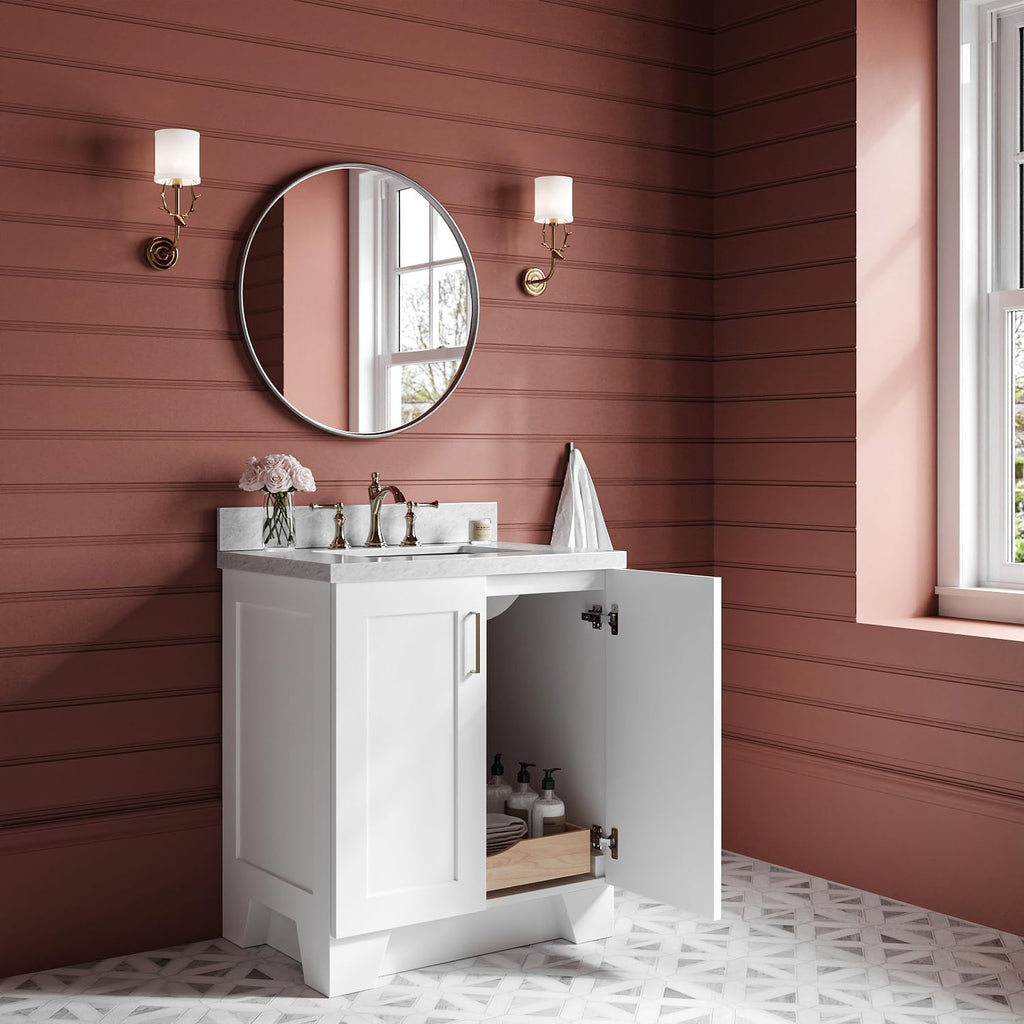 ARIEL Taylor 30-inch Bathroom Vanity with Sink,Solid Wood, 1.5-inch Italian Carrara Marble Countertop, Single Rectangular Porcelain Sink, 2 Soft Closing Doors, 1 Dovetail Drawers, White