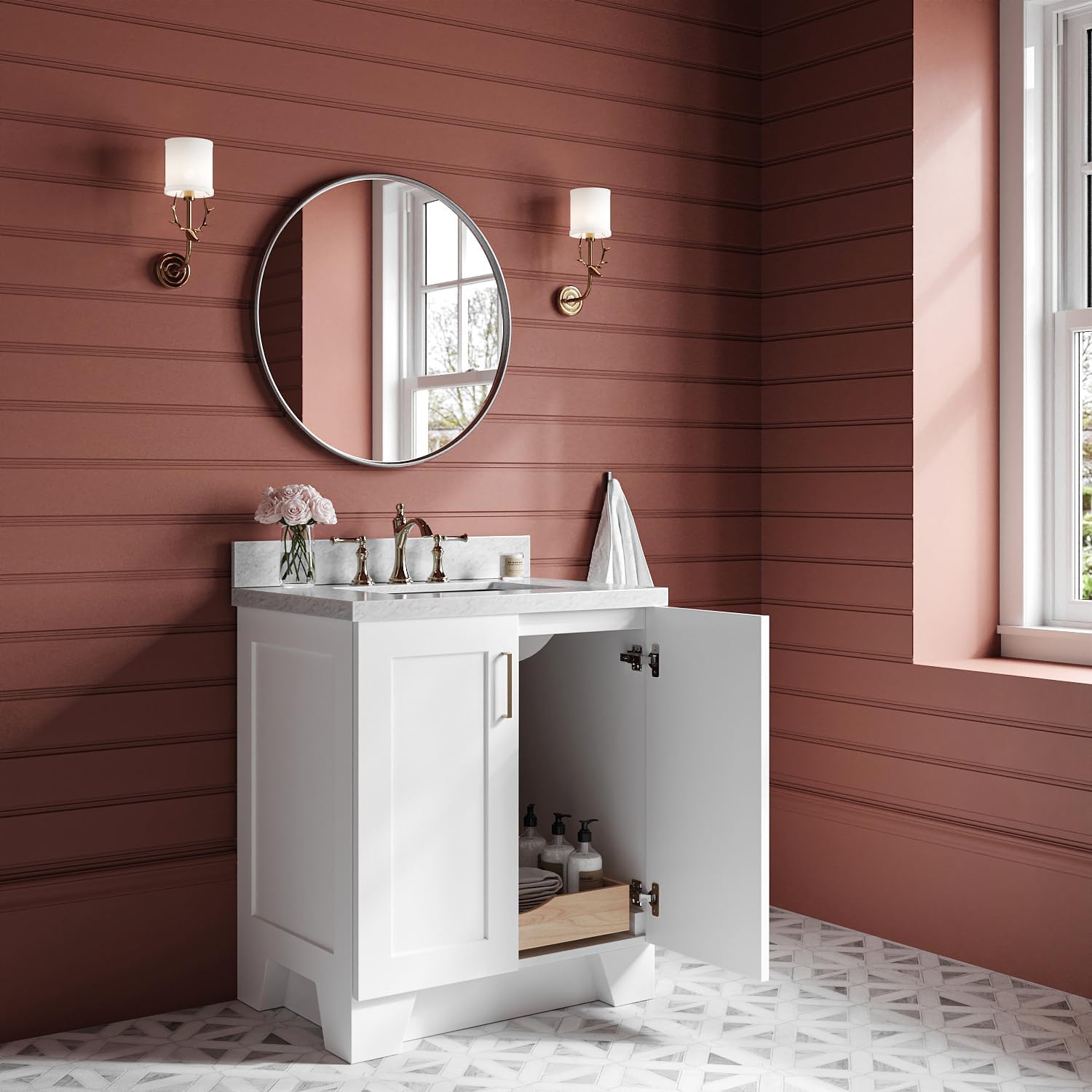 ARIEL Taylor 30-inch Bathroom Vanity with Sink,Solid Wood, 1.5-inch Italian Carrara Marble Countertop, Single Rectangular Porcelain Sink, 2 Soft Closing Doors, 1 Dovetail Drawers, White