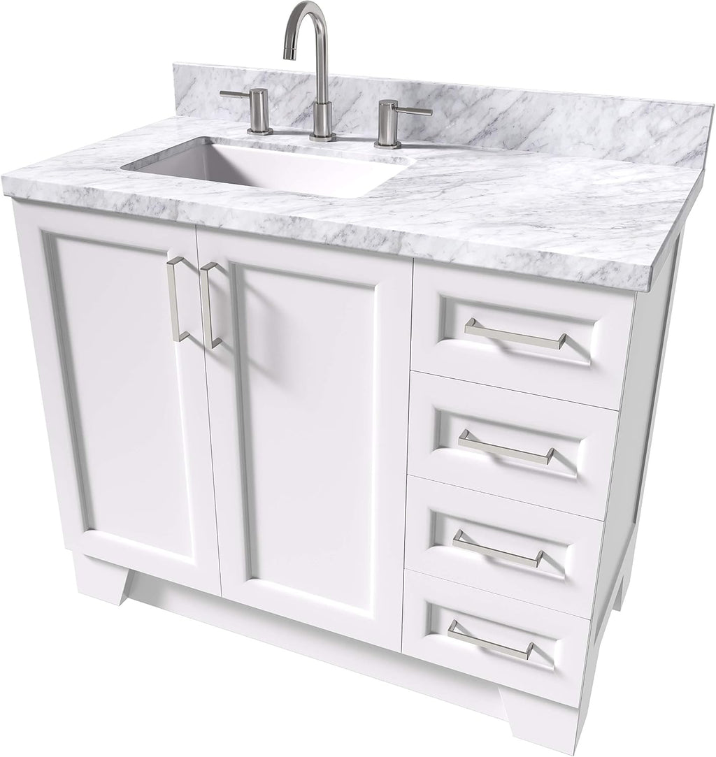 ARIEL Taylor 42-inch Bathroom Vanity with Sink,Solid Wood, 1.5-inch Italian Carrara Marble Countertop, Single Rectangular Porcelain Sink, 2 Soft Closing Doors, 5 Dovetail Drawers, White