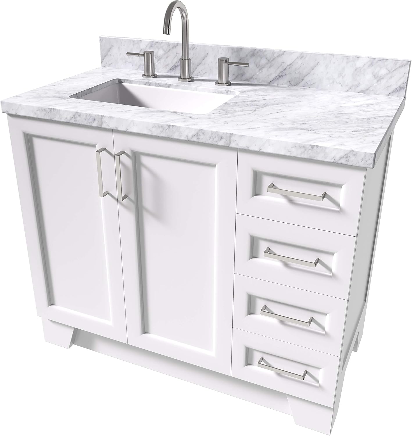 ARIEL Taylor 42-inch Bathroom Vanity with Sink,Solid Wood, 1.5-inch Italian Carrara Marble Countertop, Single Rectangular Porcelain Sink, 2 Soft Closing Doors, 5 Dovetail Drawers, White