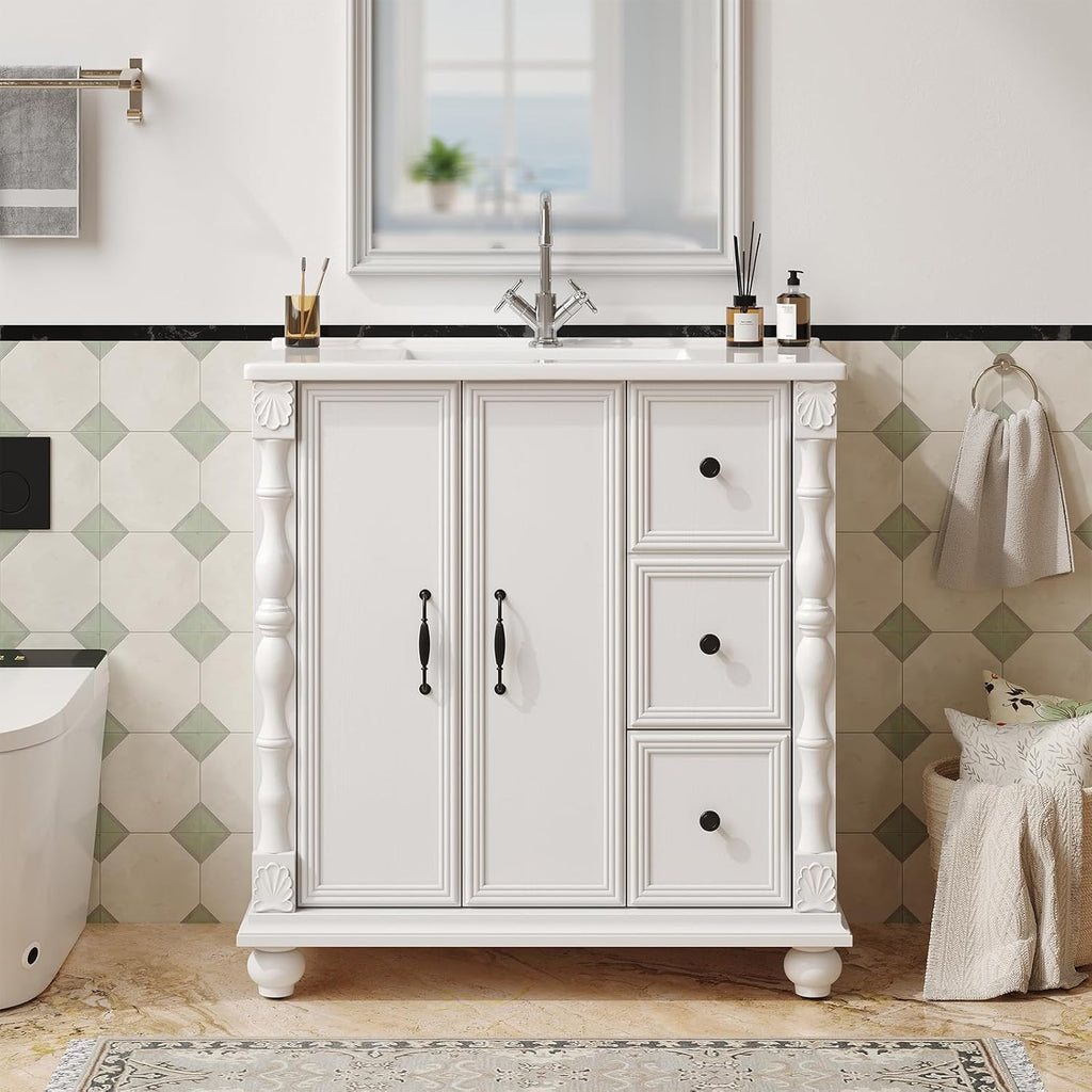 ONBRILL Bathroom Vanity with Sink Combo, Modern Bathroom Vanities with Adjustable Shelf, 4 Solid Legs, 2 Drawers, 2 Doors, Ceramic Integrated Sink, Freestanding Bath Storage Cabinet (32', White)