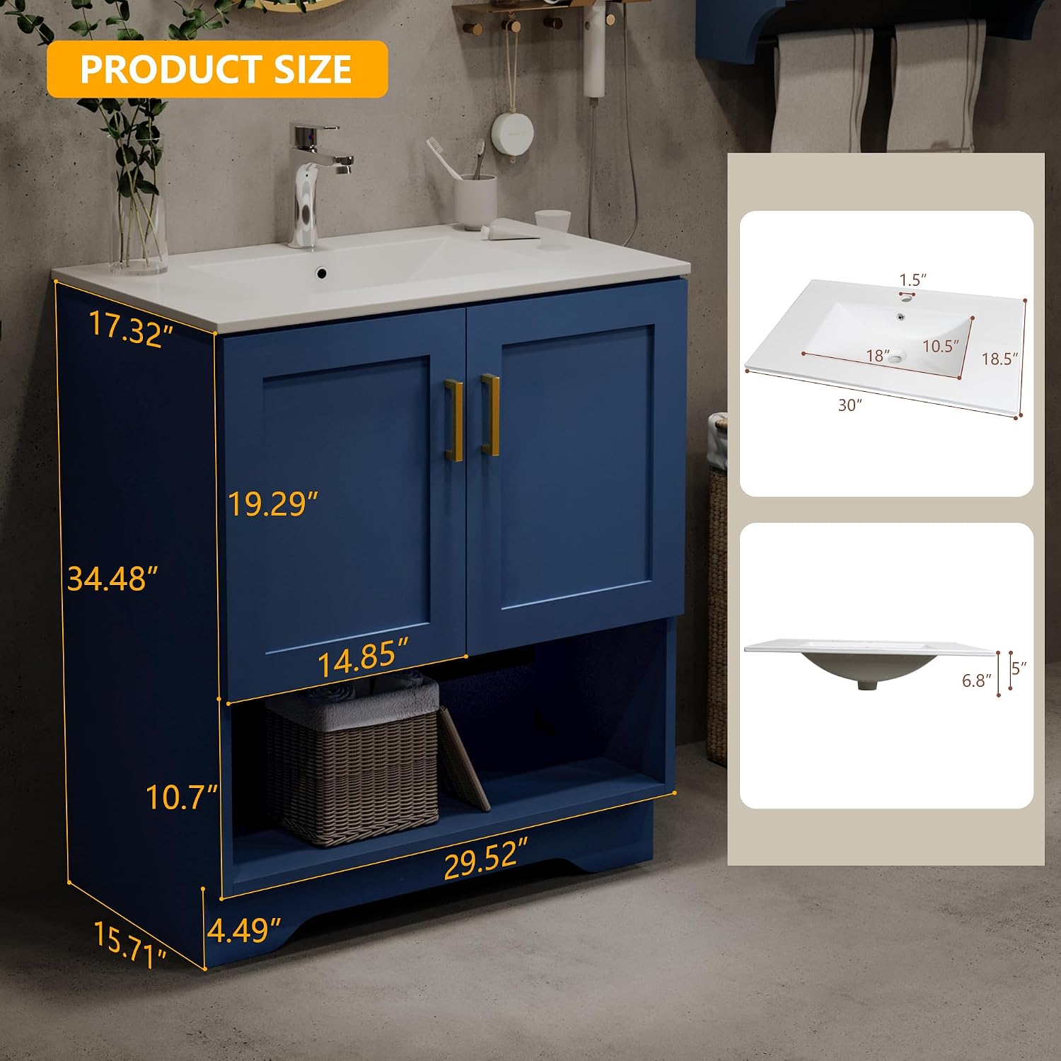 30 Inch Modern Bathroom Vanity with Ceramic Sink - Freestanding Cabinet 2 Soft-Close Doors & 1 Open Shelf, White Space-Saving Design for Powder Rooms (Blue)
