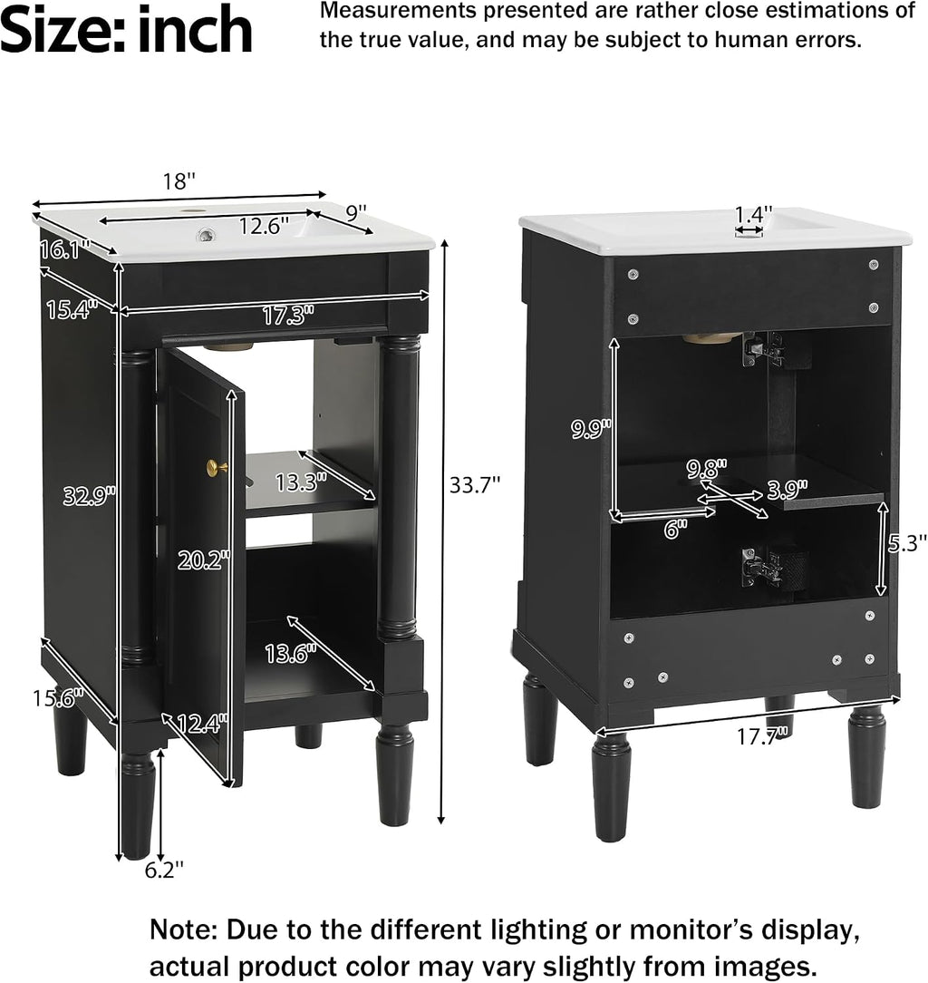 18' Small Bathroom Vanity with Ceramic Sink Freestanding Bathroom Vanity with 1 Soft-Close Door,2-Tier Storage Cabinet with Adjustable Shelf Single Sink Vanity with Roman Column Base,Black