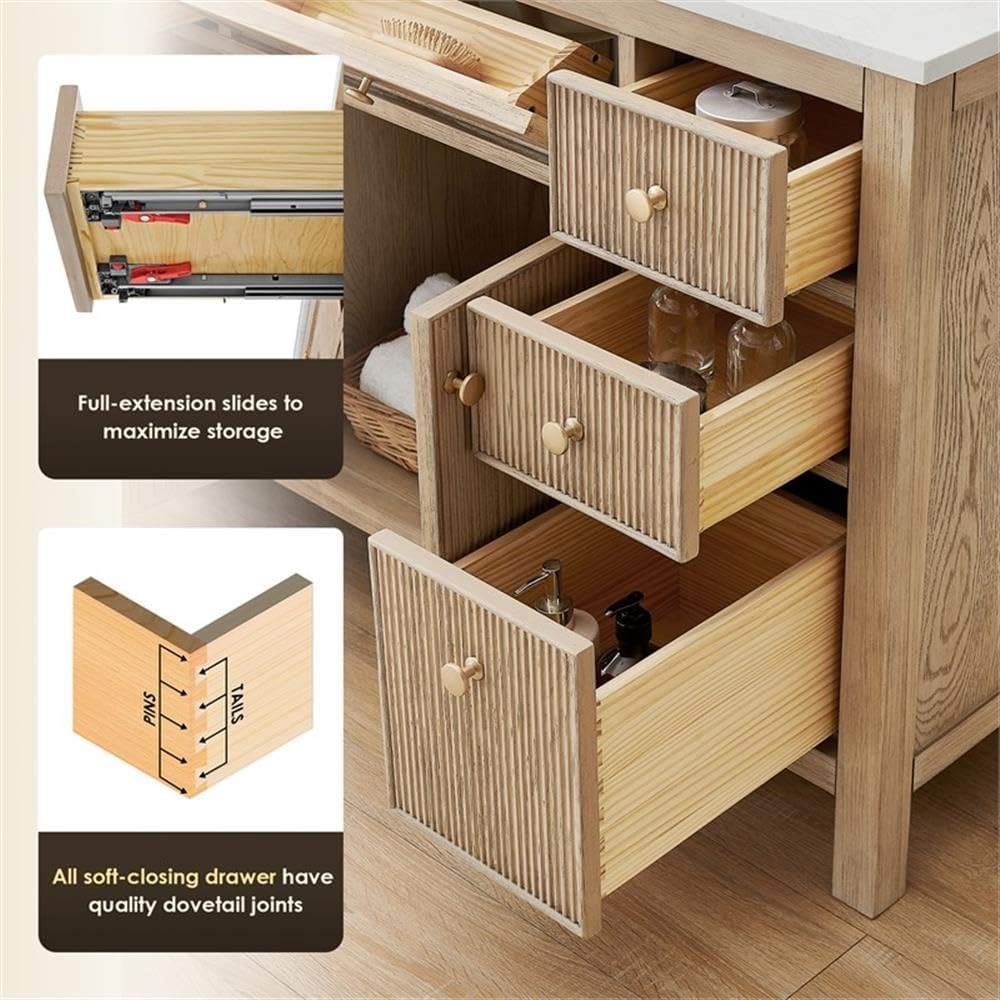 Pemberly Row 48' Bathroom Vanity, Natural Oak Finish, Engineered Stone Top, No Mirror, 7 Drawers, 2 Fluted Soft-Close Doors, Ceramic Undermount Sink, Contemporary Style Cabinet for Bathroom Storage
