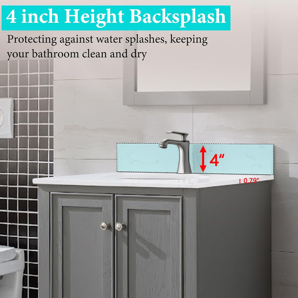 24 in. W x 22 in. D Vanity Top with Round Sink, Engineered Stone Bathroom Sink Top, Single Faucet Hole with One Backsplash Vanity Sink Top, Carrara White Vanity Top with Sink