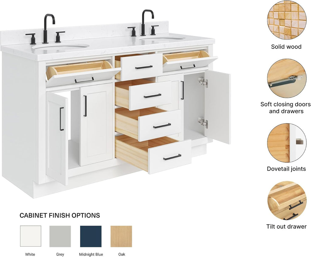 ARIEL Hepburn 60-inch Bathroom Vanity with Sink,Solid Wood, 1.5-inch Carrara White Quartz Countertop & Backsplash, Double Oval Porcelain Sink, 4 Soft Closing Doors, 6 Dovetail Drawers, White