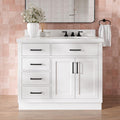 DKB Isabella 42-Inch White Bathroom Vanity with Sink, 1.5-Inch Pure White Quartz Countertop, Solid Wood Frame, Right Oval Undermount Sink, 2 Soft Closing Doors, 5 Dovetail Drawers, Toe Kick