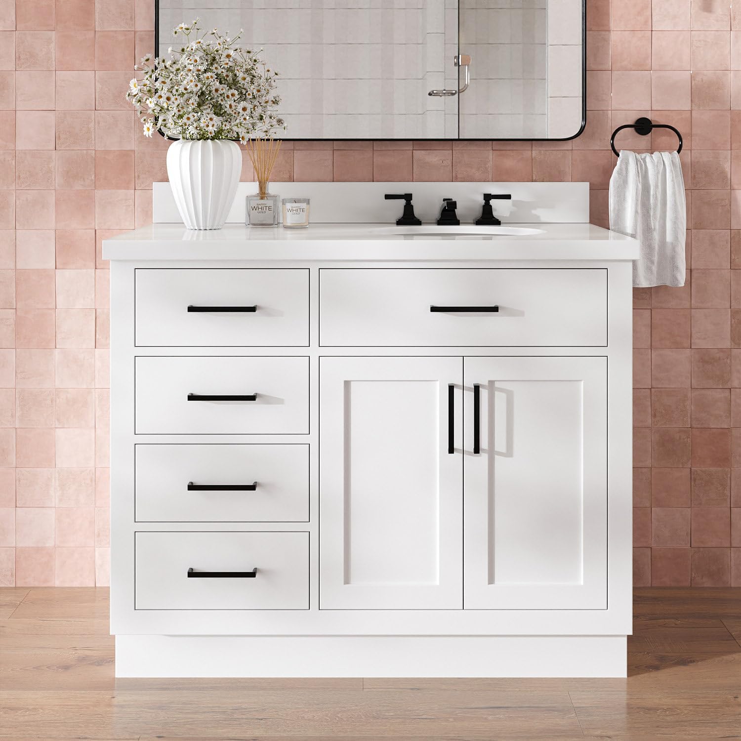 DKB Isabella 42-Inch White Bathroom Vanity with Sink, 1.5-Inch Pure White Quartz Countertop, Solid Wood Frame, Right Oval Undermount Sink, 2 Soft Closing Doors, 5 Dovetail Drawers, Toe Kick