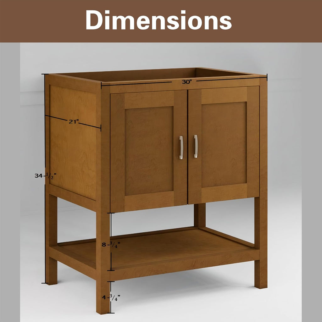 30' Bathroom Vanity Base – Freestanding Solid Wood Cabinet with Open Shelf, Soft-Close Doors, Natural Wood Finish, Sink Base Cabinet Only (No Top)