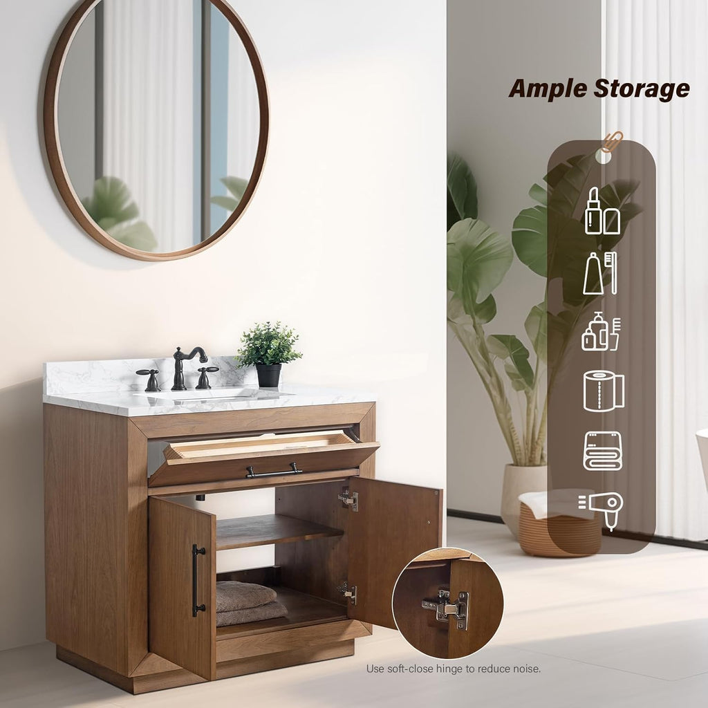 HOMEBEYOND 36' Bathroom Vanity with Single Sink & Ceramic Top, MDF Material Vanity Cabinet with Basin Combo, Soft-Closing Doors, Removable Shelf, Backsplash, Tan