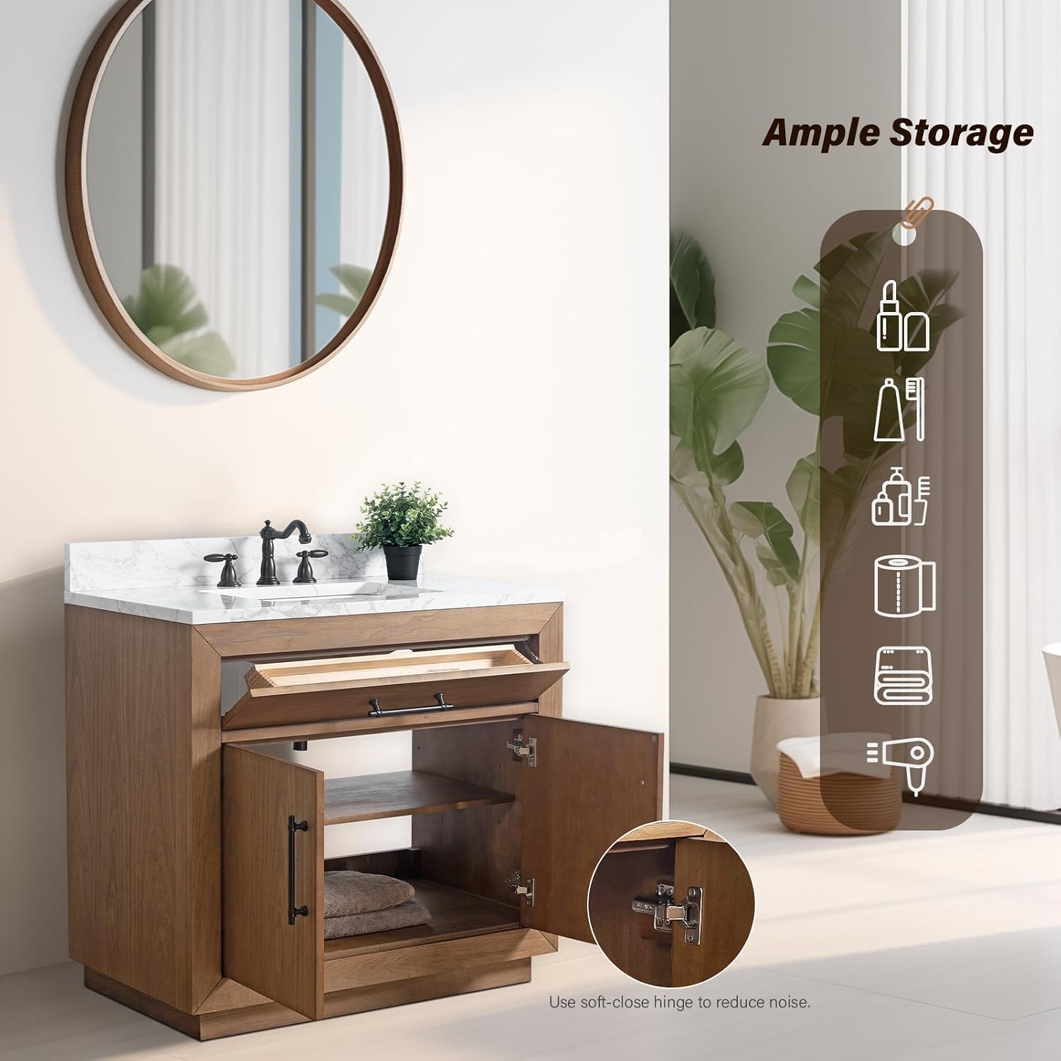 HOMEBEYOND 36' Bathroom Vanity with Single Sink & Ceramic Top, MDF Material Vanity Cabinet with Basin Combo, Soft-Closing Doors, Removable Shelf, Backsplash, Tan