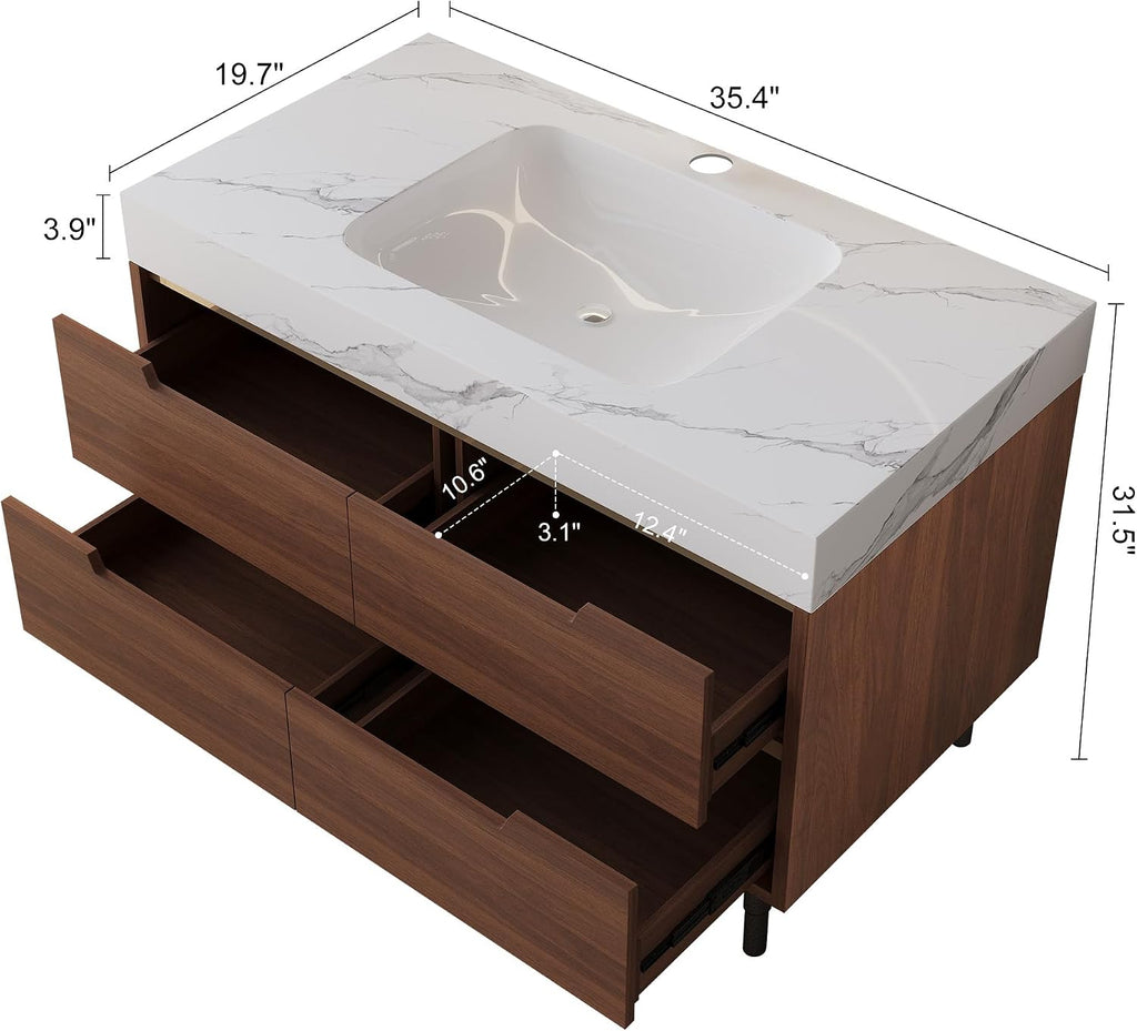 36' Bathroom Vanity with Undermount Sink Set, Modern 2-IN-1 Wall Mounted & Freestanding Bathroom Vanities Cabinet with Sintered Stone top&4 Storage Drawers, Walnut Single Bathroom Sink Cabinet