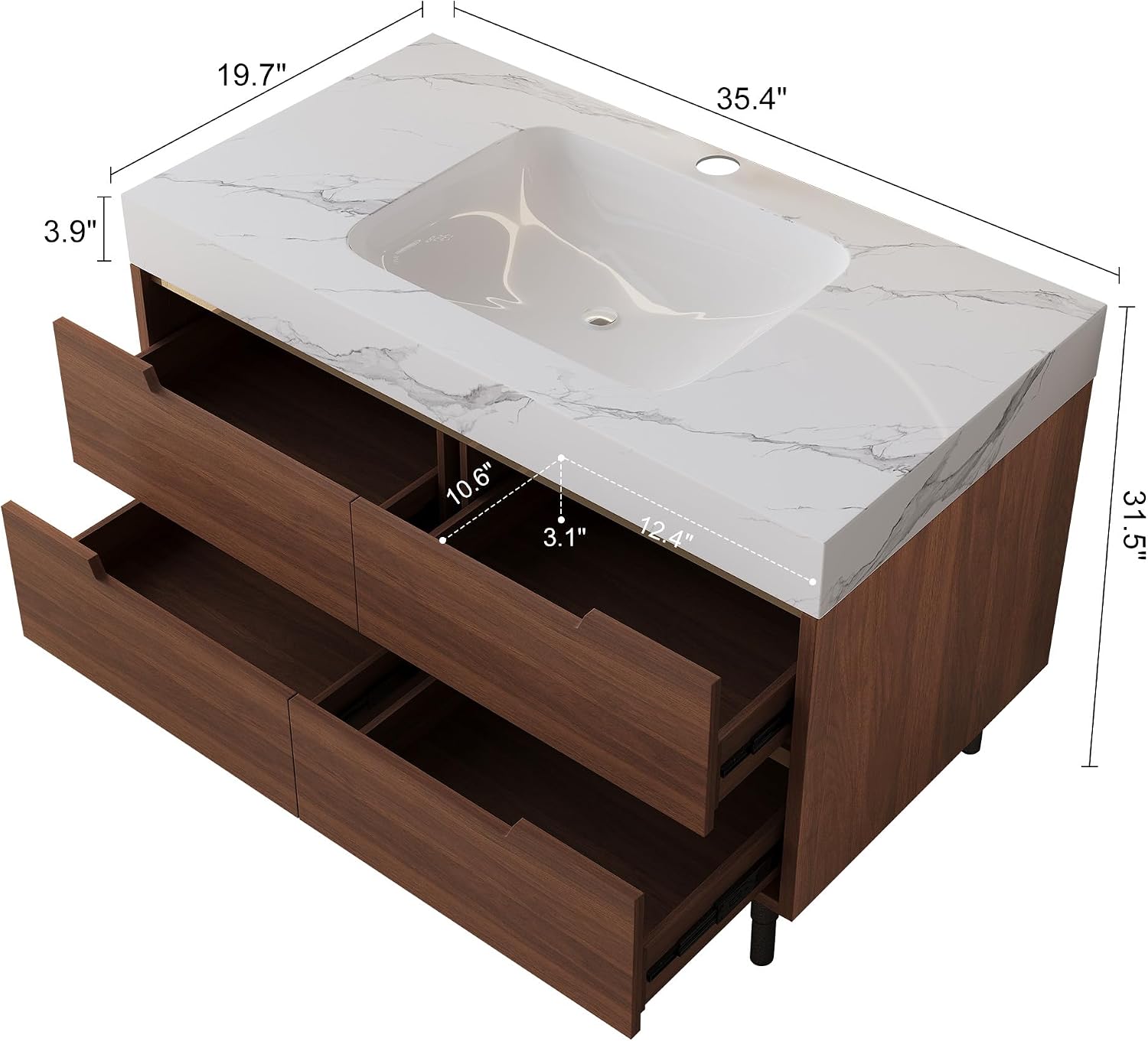 36' Bathroom Vanity with Undermount Sink Set, Modern 2-IN-1 Wall Mounted & Freestanding Bathroom Vanities Cabinet with Sintered Stone top&4 Storage Drawers, Walnut Single Bathroom Sink Cabinet