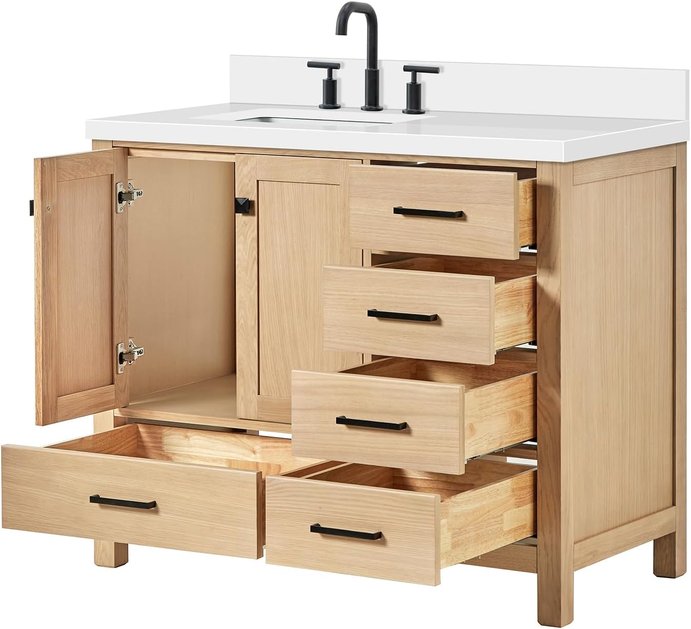 ARIEL Cambridge 42-Inch Oak Bathroom Vanity with Sink, Pure White Quartz Countertop 1.5' Miter Edge & 4' Backsplash, Porcelain Sink, Soft Closing Door & Drawer, Matte Black Hardware