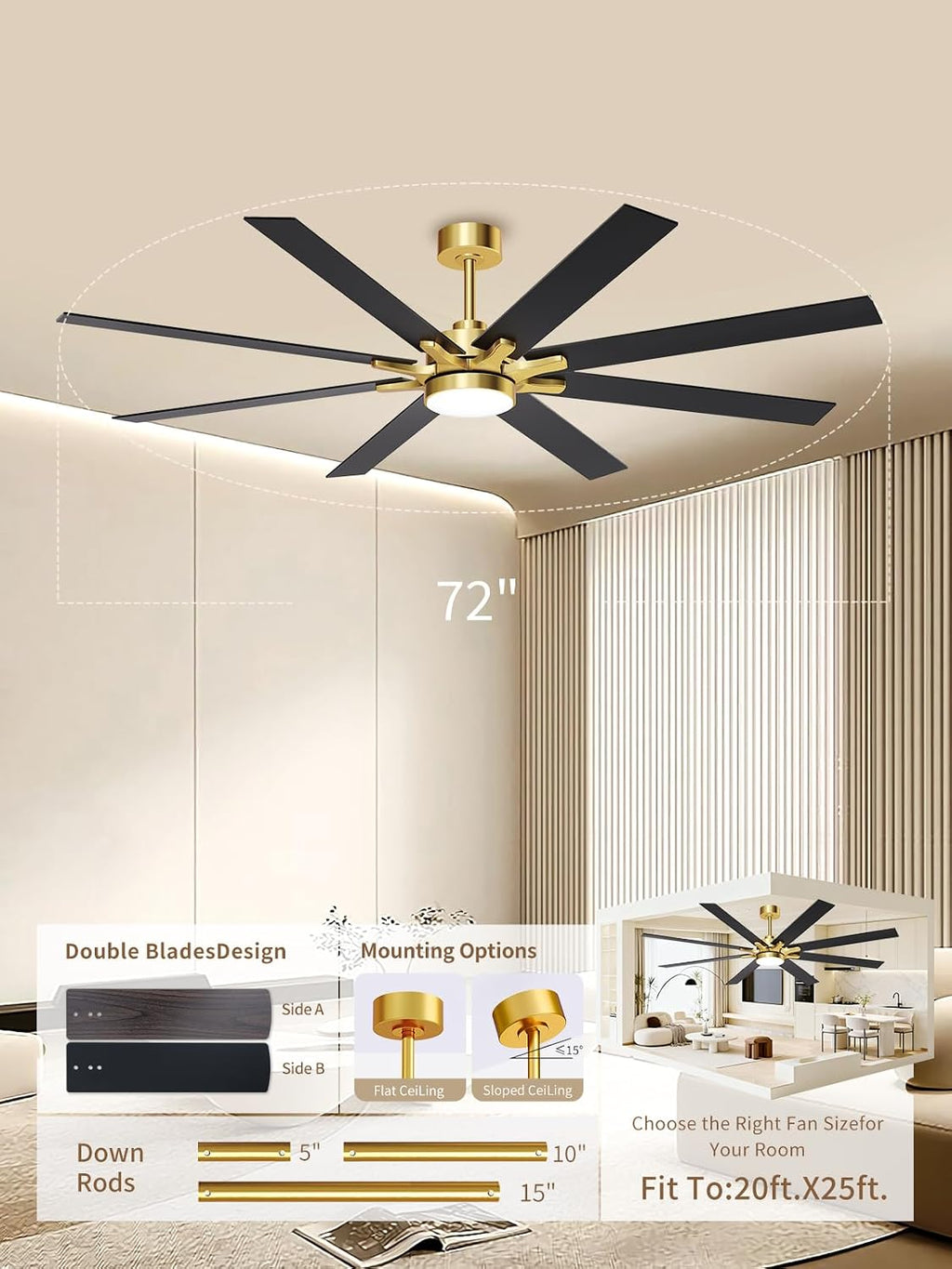 LANMEL Ceiling Fan with Light, Modern Flush Mount Low Profile with Remote Control, Reversible, 3CCT Dimmable, Quiet,LED for Bedroom, Living Room, Indoor/Outdoor Patio Use 72 Inch Gold & Black
