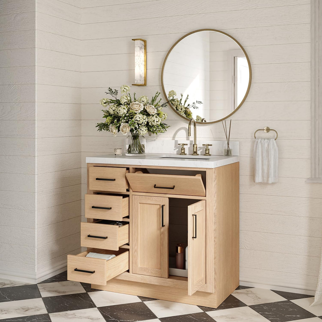 ARIEL Hepburn 36-inch Bathroom Vanity with Sink,Solid Wood, 1.5-inch Carrara White Quartz Countertop, Single Rectangular Porcelain Sink, 2 Soft Closing Doors, 5 Dovetail Drawers, White Oak