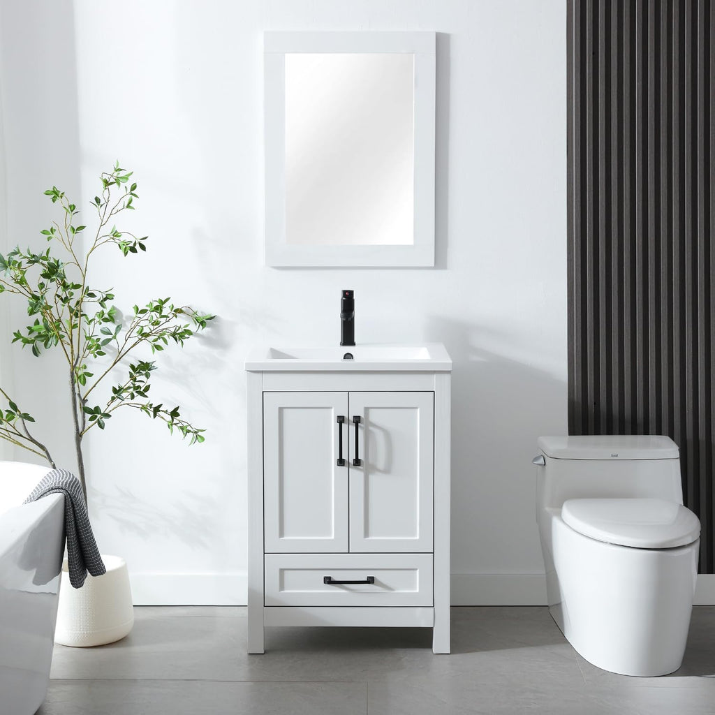 LUCKWIND 24' Bathroom Vanity and Sink Combos, Modern Bathroom Storage Painted Cabinet with Undercounter Ceramic Single Sink Top, Matte Black Faucet and Drawer, Mirror Not Included, White