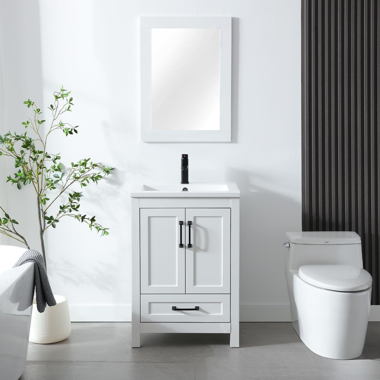 LUCKWIND 24' Bathroom Vanity and Sink Combos, Modern Bathroom Storage Painted Cabinet with Undercounter Ceramic Single Sink Top, Matte Black Faucet and Drawer, Mirror Not Included, White