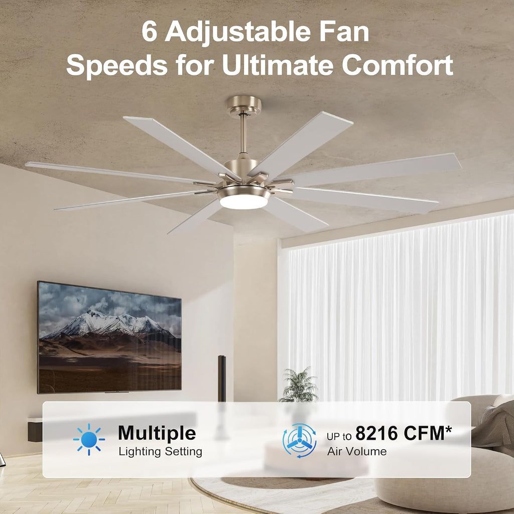72 Inch Large Size With Light Kit & Remote Control 8 PCS Blades Ceiling Fan 3 Color Dimmable Led Dc Motor Reversible 6 Speed Quiet Remote Control Ceiling Fan For Living Room Bedroom Indoor Nickel