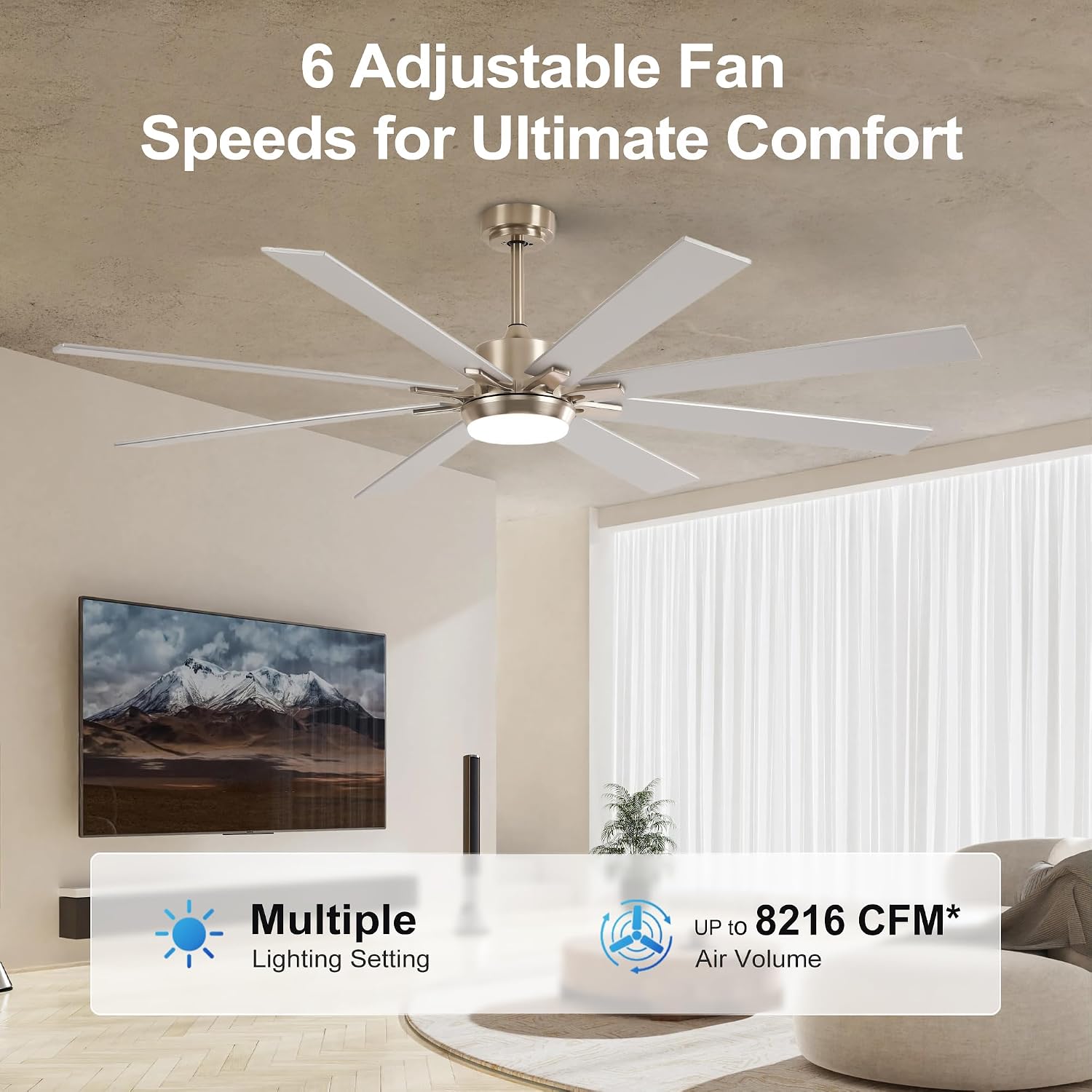 72 Inch Large Size With Light Kit & Remote Control 8 PCS Blades Ceiling Fan 3 Color Dimmable Led Dc Motor Reversible 6 Speed Quiet Remote Control Ceiling Fan For Living Room Bedroom Indoor Nickel