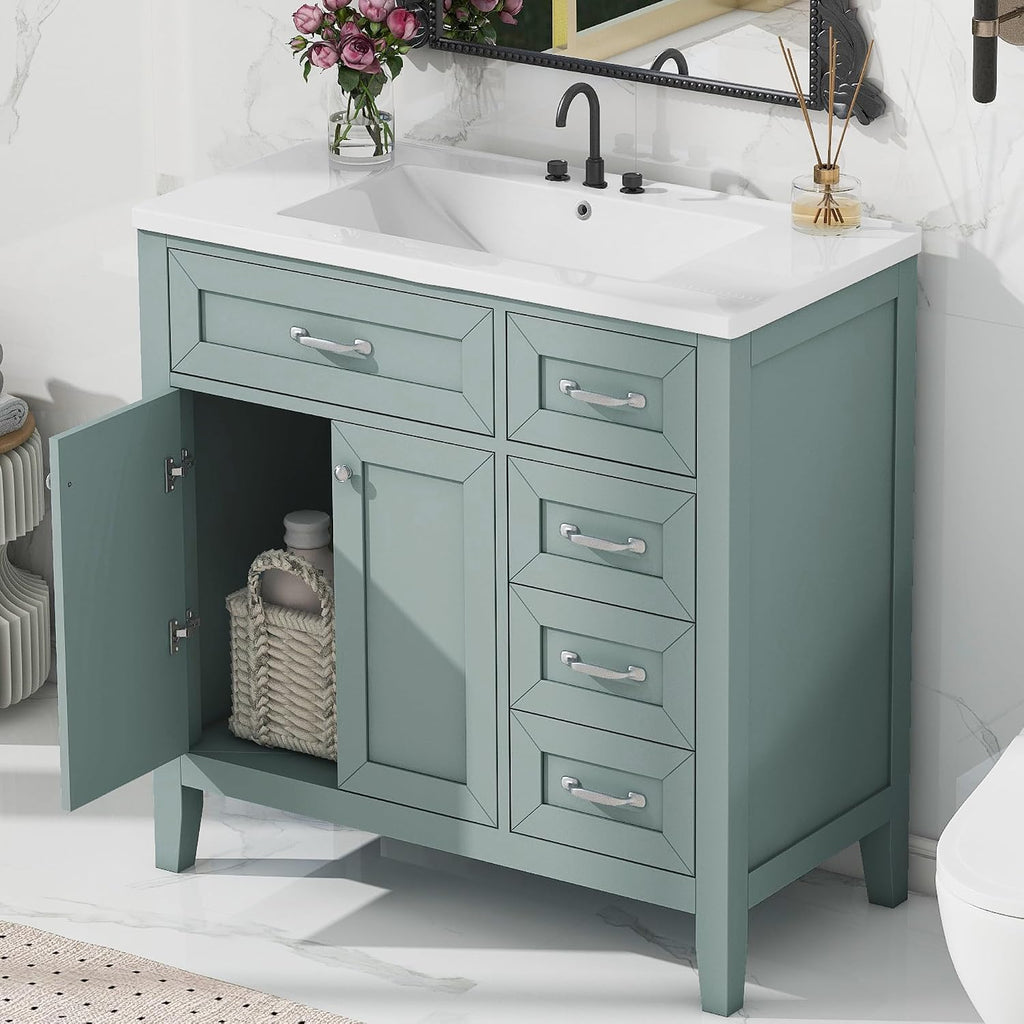 36' Bathroom Vanity with Sink Combo, Bathroom Cabinet with Drawers, Solid Frame and MDF Board,Green