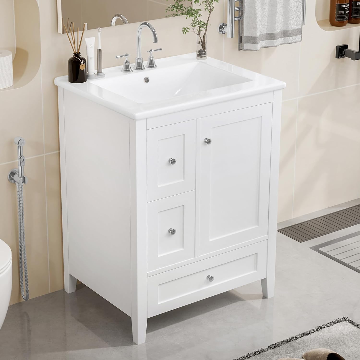 Harper & Bright Designs 24' Bathroom Vanity with Sink, Free Standing Vanity Set with 2 Drawers, Removable Dividers, and Adjustable Shelf, Wood Bathroom Cabinet with Ceramic Basin for Bathroom, White