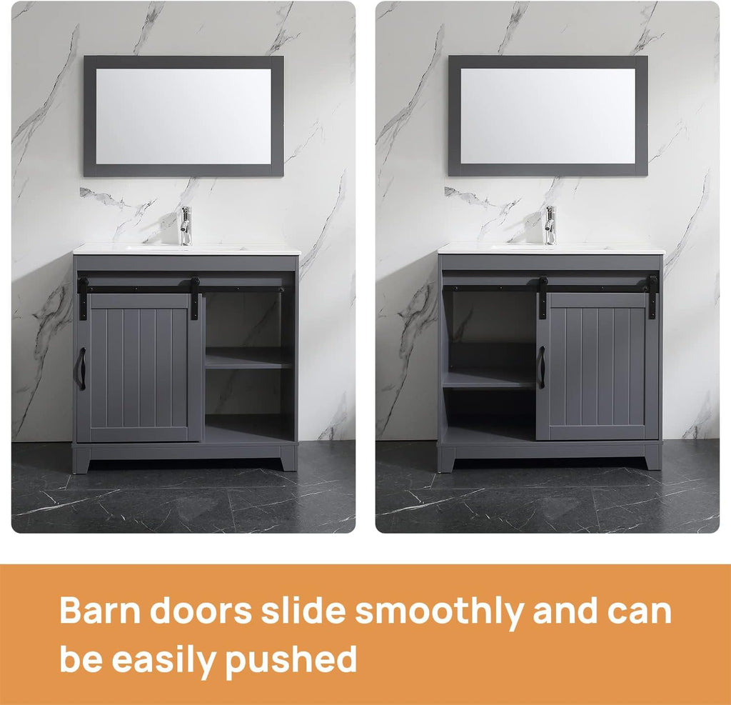 36 inch Bathroom Vanity with Sink Top Mirror Sliding Barn Door Dark Grey | Freestanding farmhouse bathroom vanity cabinet, ceramic single sink combo