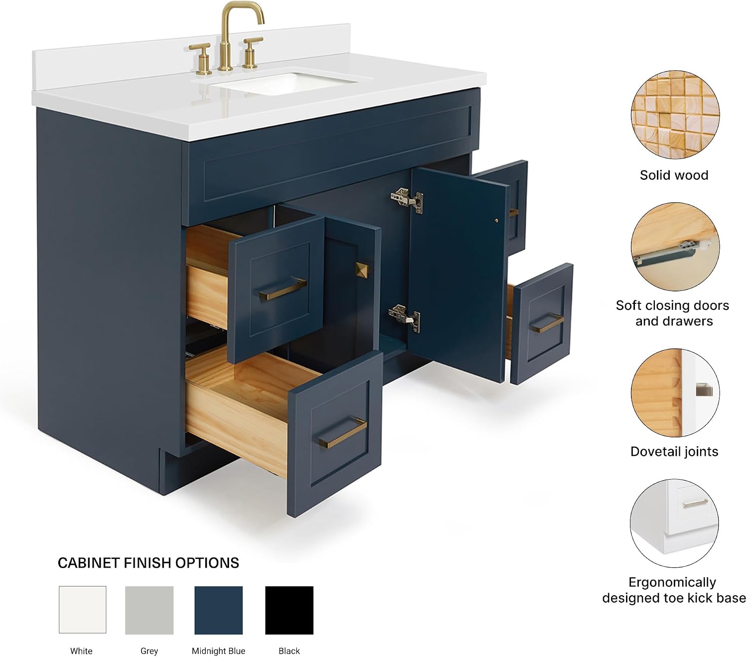 ARIEL Hamlet 48-inch Bathroom Vanity with Sink,Solid Wood, 1.5-inch Pure White Quartz Countertop, Single Rectangular Porcelain Sink, Soft Closing Doors, Dovetail Drawers, Midnight Blue