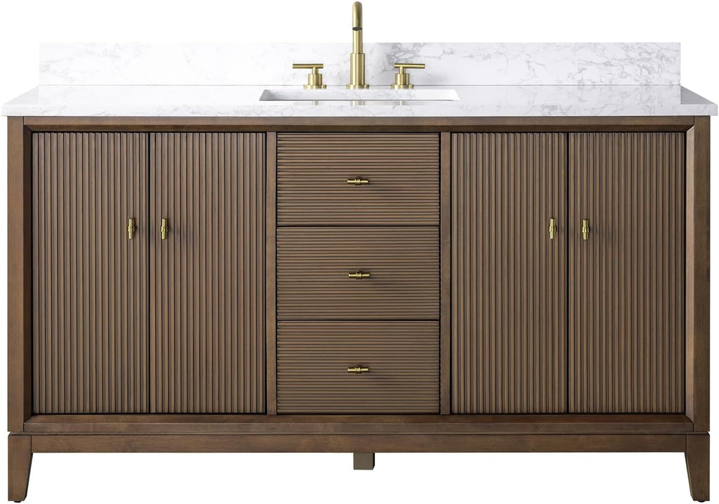 HOMEBEYOND 60' Bathroom Vanity with Single Sink & Engineered Marble Top, Solid Wood Frame, Linear Pattern & Soft Close Door | Golden Brushed Handware, Walnut