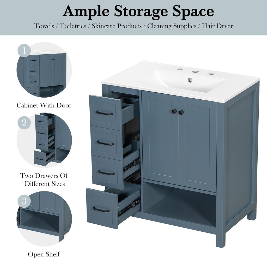 LUMISOL 30 Inch Bathroom Vanity with Ceramic Sink, Solid Wood Bathroom Vanity with 2 Drawers, Soft-Close Doors & Open Shelf, Freestanding Bathroom Storage Cabinet with Sink, Blue