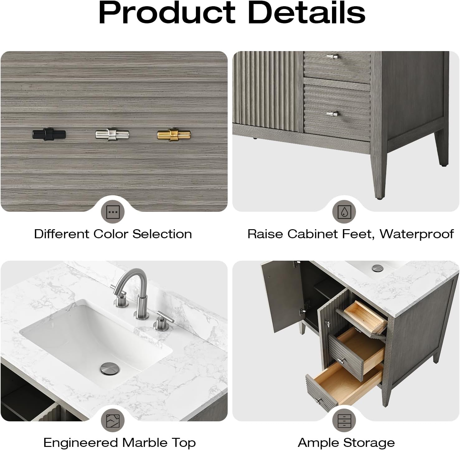 Vanity Art 36 inch Bathroom Vanity with Single Sink & Ceramic Top, Vanity Cabinet with Soft-Closing Door, Solid Wood Frame, Linear Pattern, Driftwood Gray, Golden Brushed Handware VA9136-DG-GB