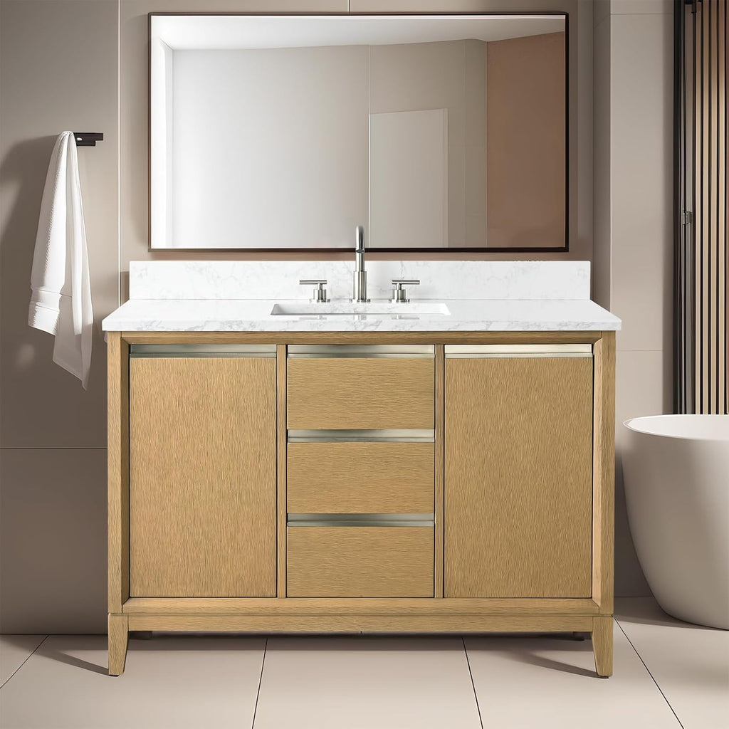 HOMEBEYOND 48 Inch Bathroom Vanity with Single Sink & Ceramic Top, Vanity Cabinet with Solid Wood Frame, Soft-Closing Doors, Drawers, Natural Oak