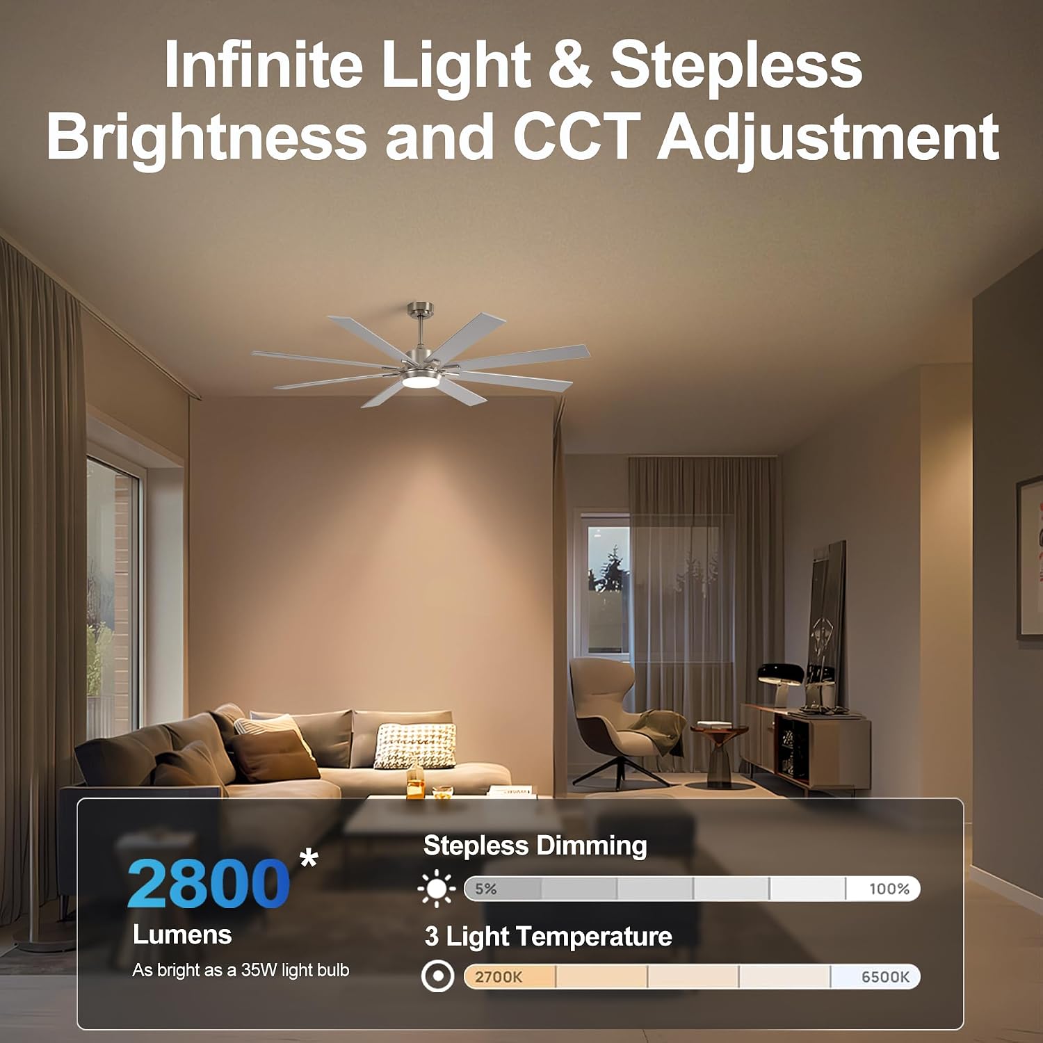 72 Inch Large Size With Light Kit & Remote Control 8 PCS Blades Ceiling Fan 3 Color Dimmable Led Dc Motor Reversible 6 Speed Quiet Remote Control Ceiling Fan For Living Room Bedroom Indoor Nickel
