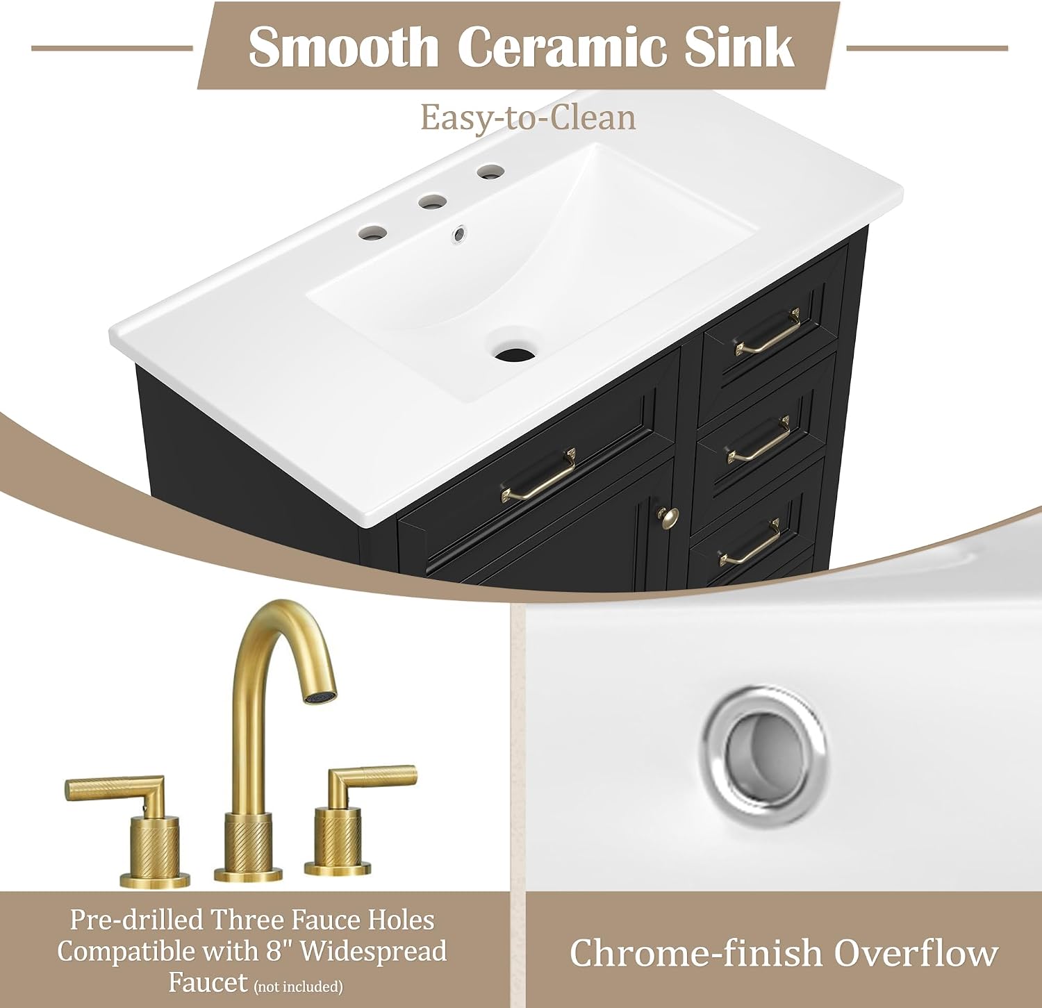 36' Bathroom Vanities Cabinet with Ceramic Sink Set Combo, Tip-Out Drawers, Storage Organizer Door Shelf, Soft-Closing Door, Black