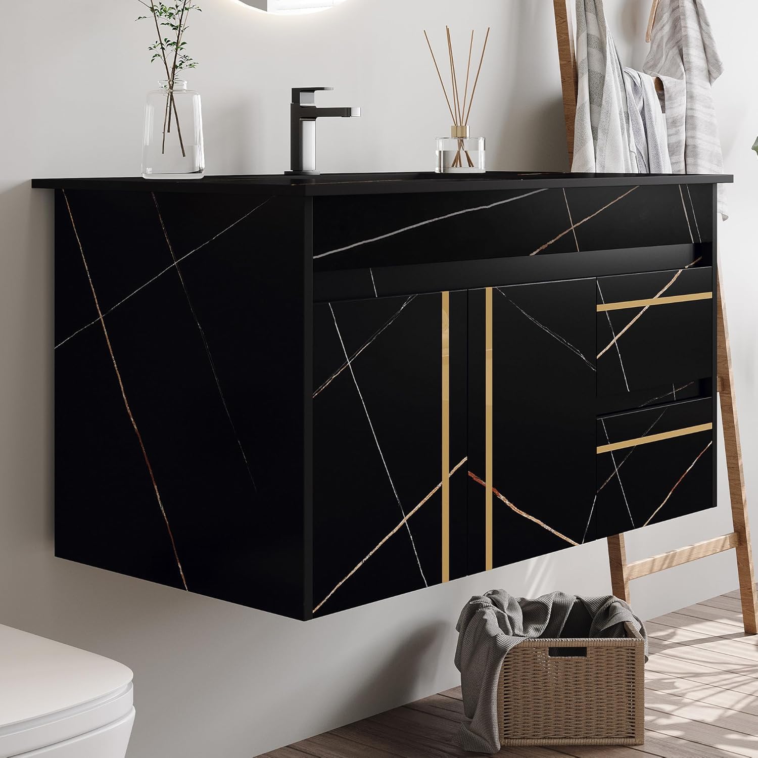 36 inch Bathroom Vanity with Ceramic Sink and Sinter Stone Marble Counter Top Modern Black Wall Mounted Floating Bathroom Sink Cabinet with 2 Drawers, 1 Cupboard and Gold Metal