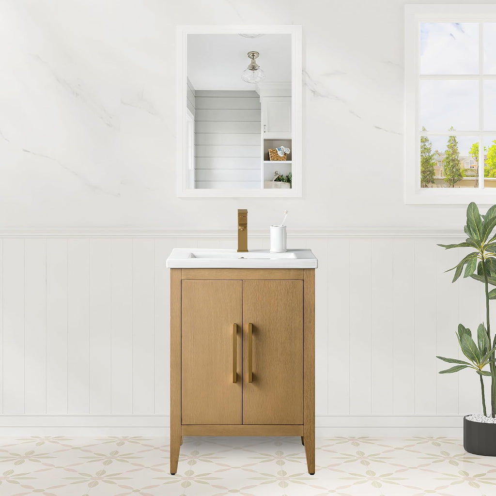 HOMEBEYOND 24 Inch Bathroom Vanities with Sink & Ceramic Top, Single Vanity Cabinet with Basin, Solid Wood Frame, Soft-Closing Doors & Golden Brushed Hardware, Natural Oak