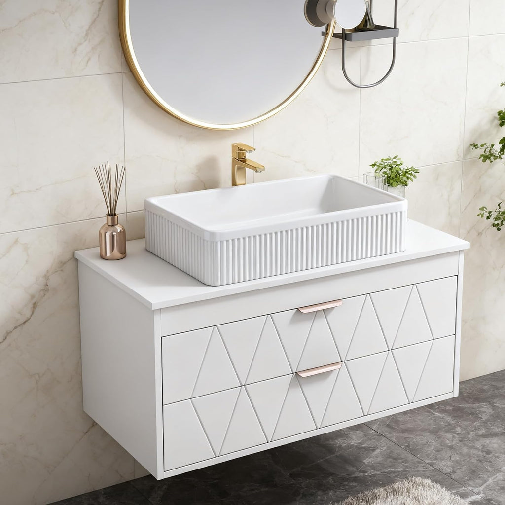 32' Floating Bathroom Vanity with Single Sink, Modern Stripe Wall Mounted Bathroom Vanities with Above Ceramic Basin, Wood Bathroom Vanity Storage Cabinet with 2 Drawers, White