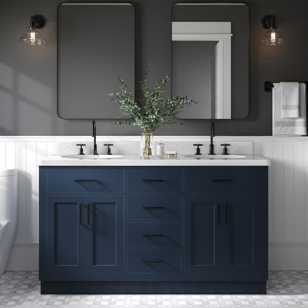 ARIEL Hepburn 60-inch Bathroom Vanity with Sink,Solid Wood, 1.5-inch Carrara White Quartz Countertop, Double Oval Porcelain Sink, 4 Soft Closing Doors, 6 Dovetail Drawers, Midnight Blue
