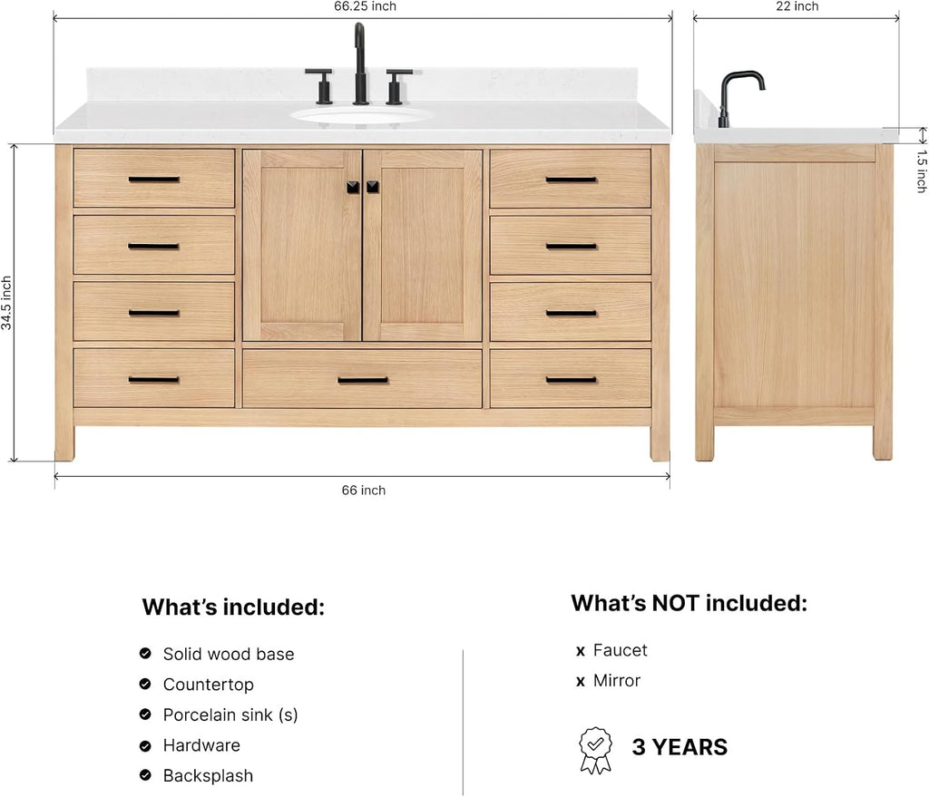 ARIEL Cambridge 66-inch Bathroom Vanity with Sink,Solid Wood, 1.5-inch Carrara White Quartz Countertop & Backsplash, Single Oval Porcelain Sink, 2 Soft Closing Doors, 9 Dovetail Drawers, White Oak