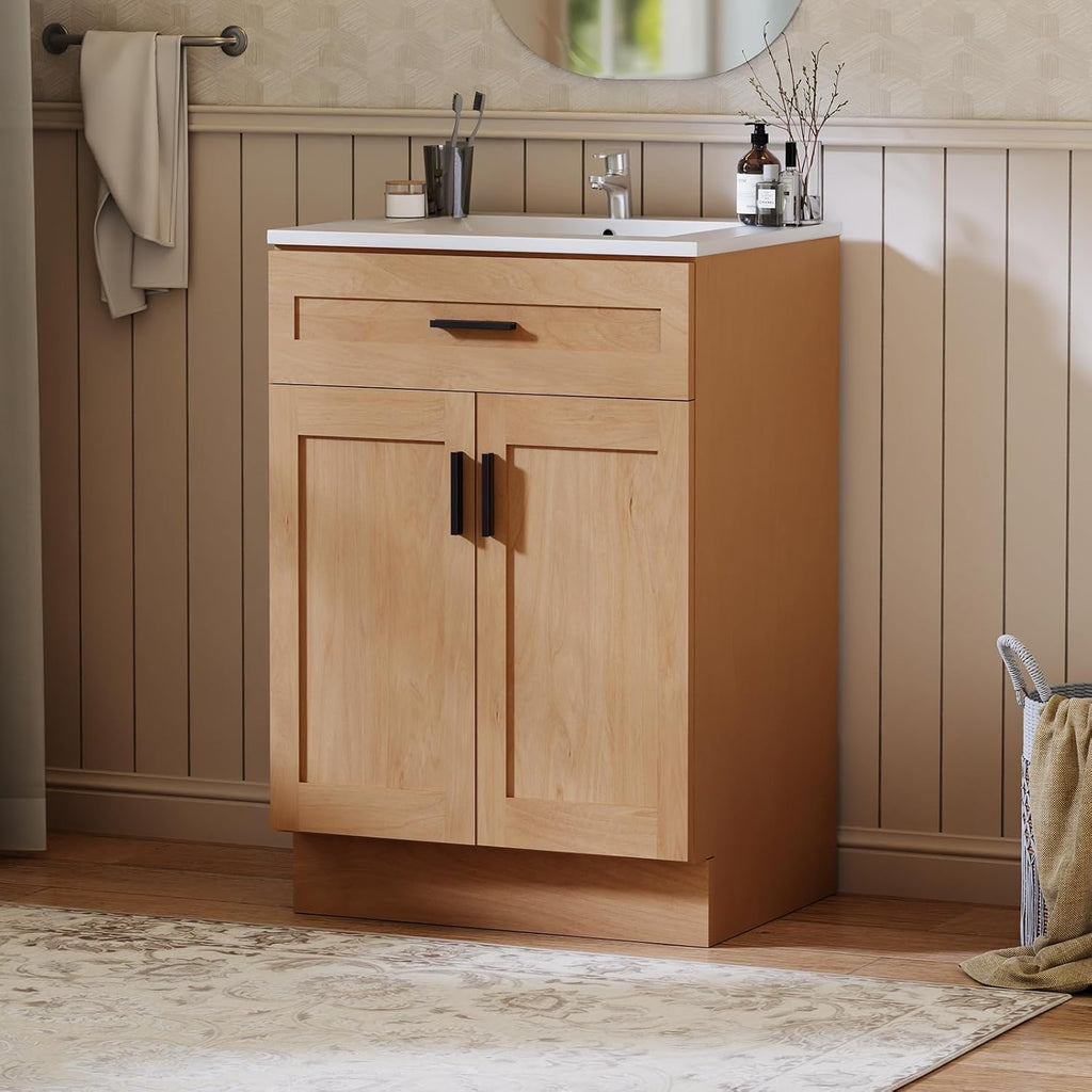 24 Inch Bathroom Vanity with Sink, Modern Storage Cabinet, Contains White Sink and Soft-Closing Door, Spacious Bathroom Storage Space (Nature with Sink, 24 Inch)