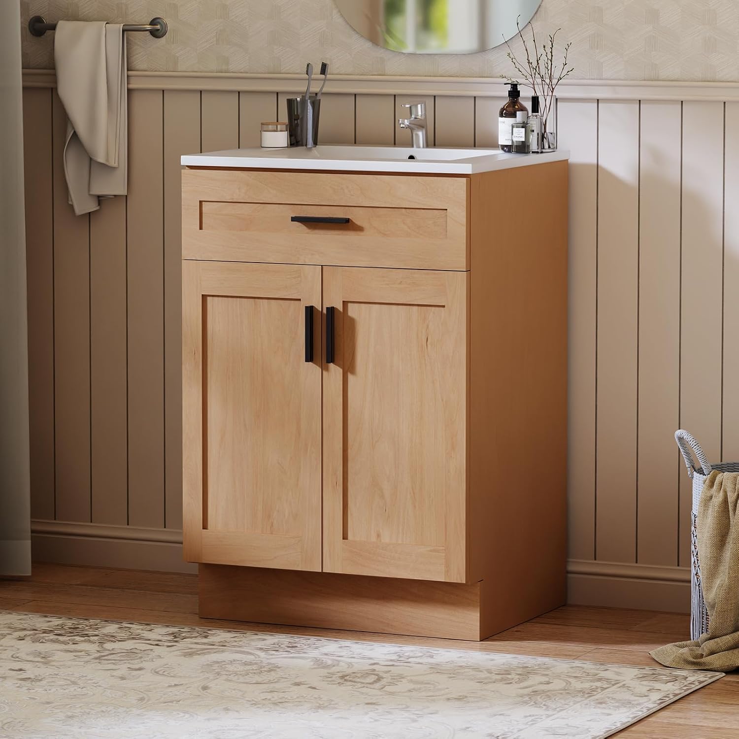 24 Inch Bathroom Vanity with Sink, Modern Storage Cabinet, Contains White Sink and Soft-Closing Door, Spacious Bathroom Storage Space (Nature with Sink, 24 Inch)